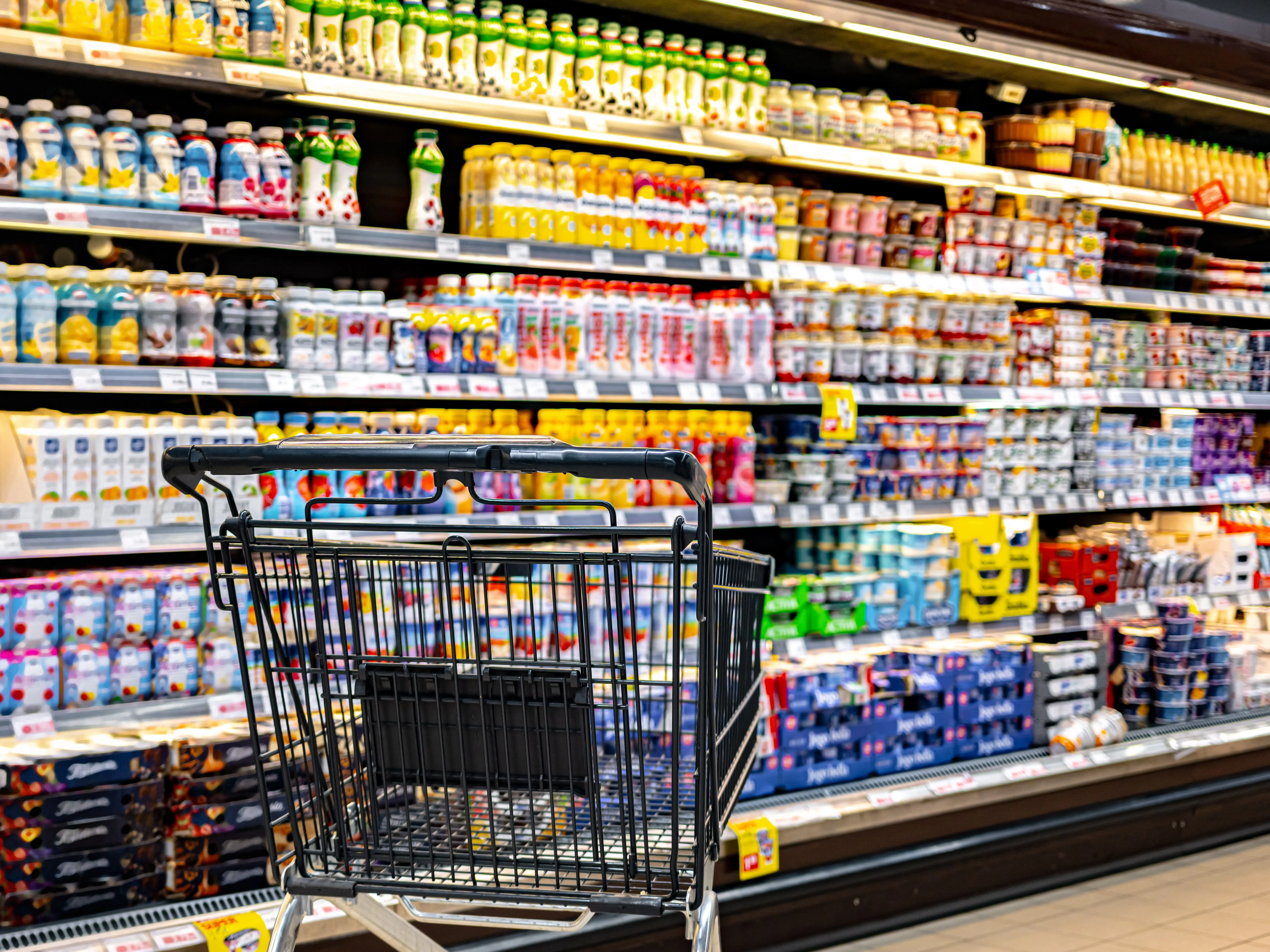 Shopping cart in front of grocery store shelves.