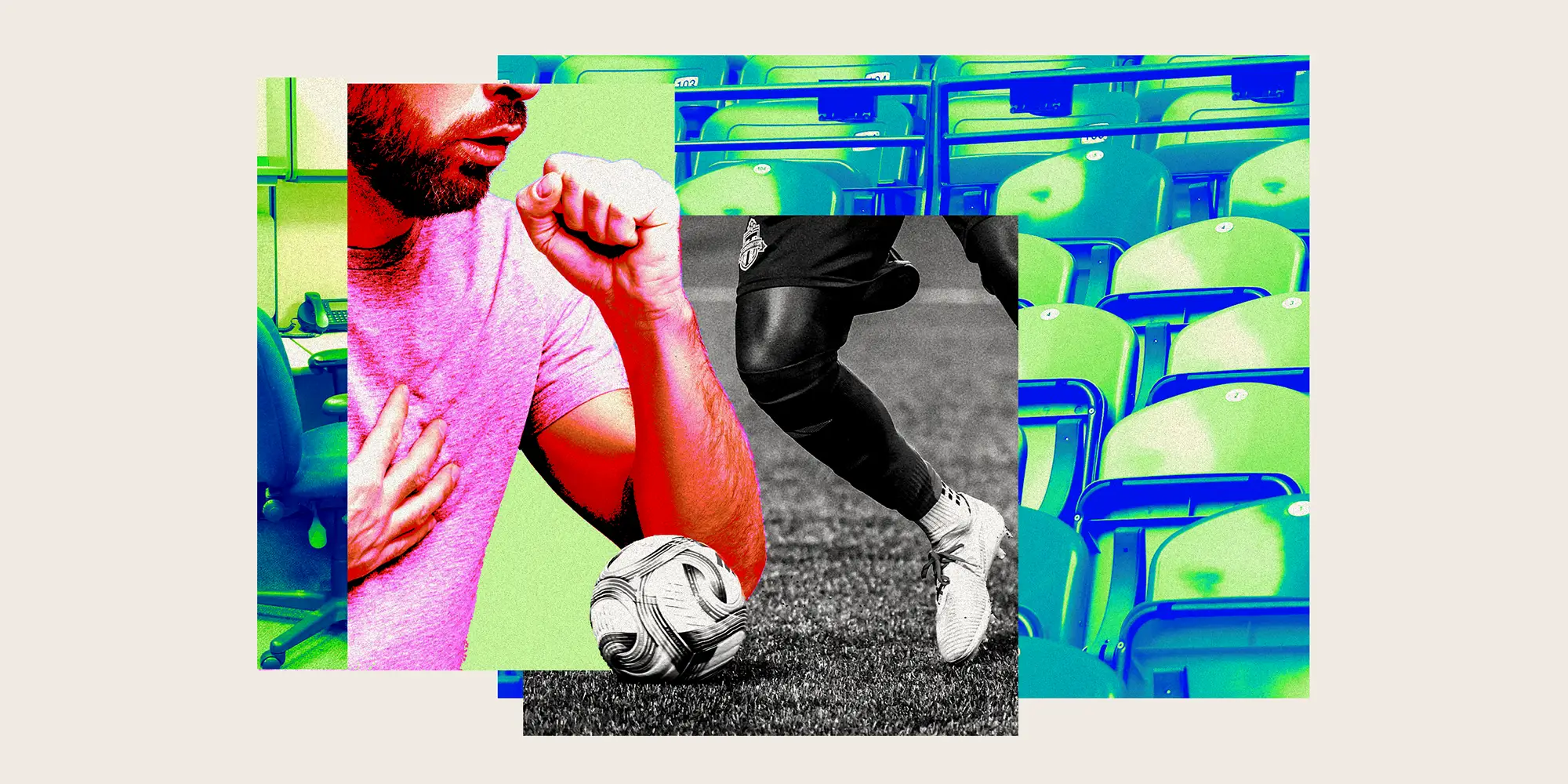 Photo collage featuring a person coughing, an office cubicle, a soccer player kicking a ball, and stadium seating for the FIFA World Cup.