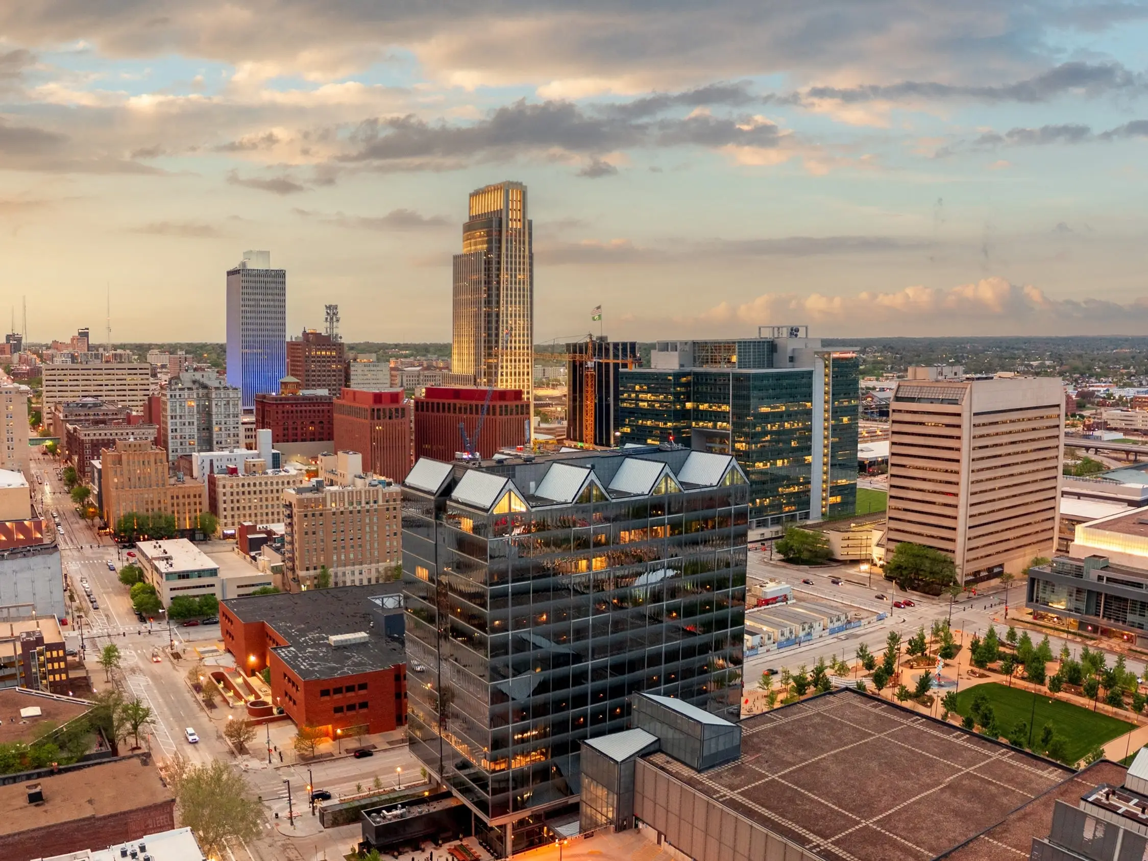 Omaha, Nebraska, USA downtown city skyline from above at dawn.