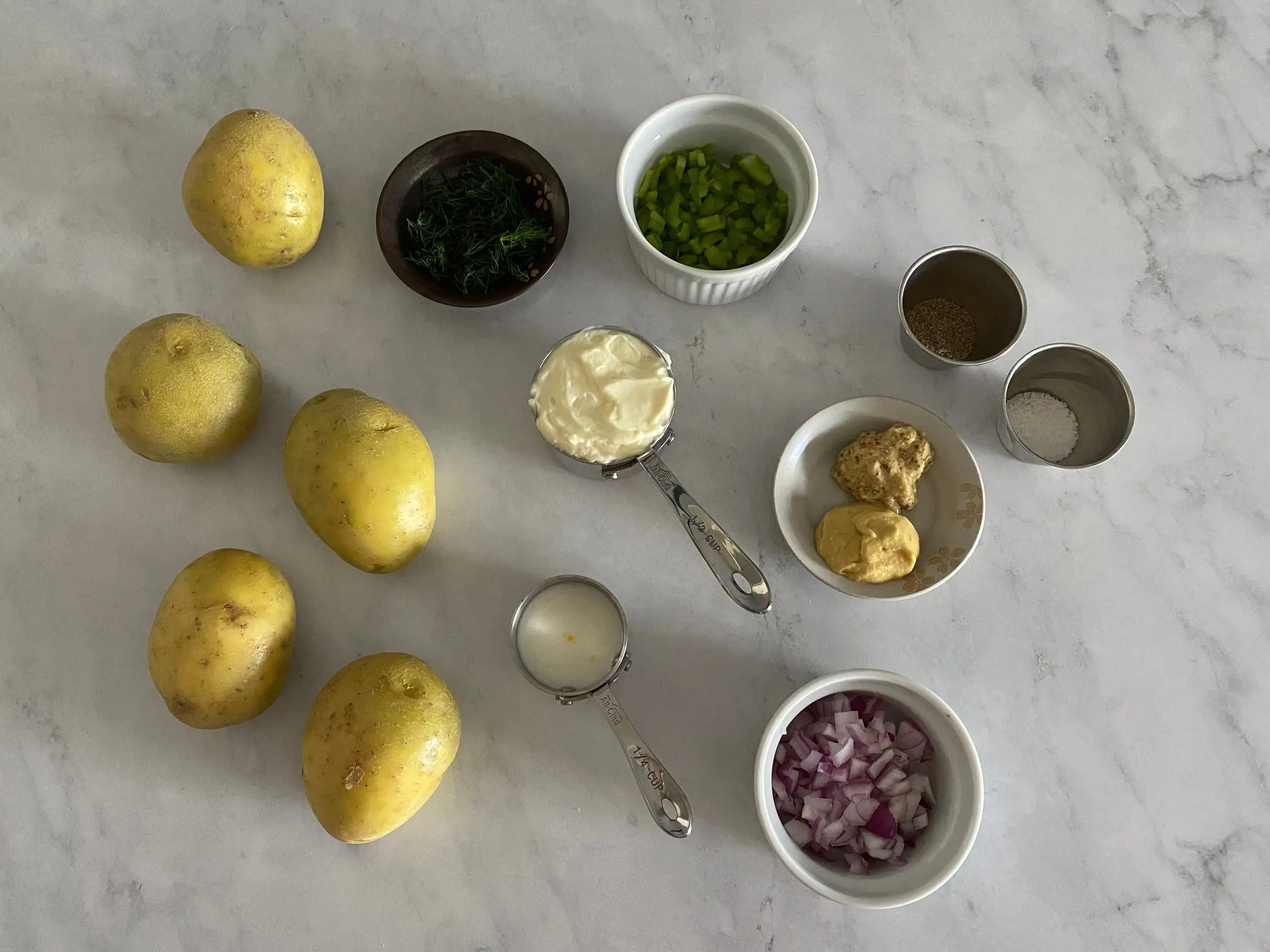 potatoes and other measured ingredients on counter
