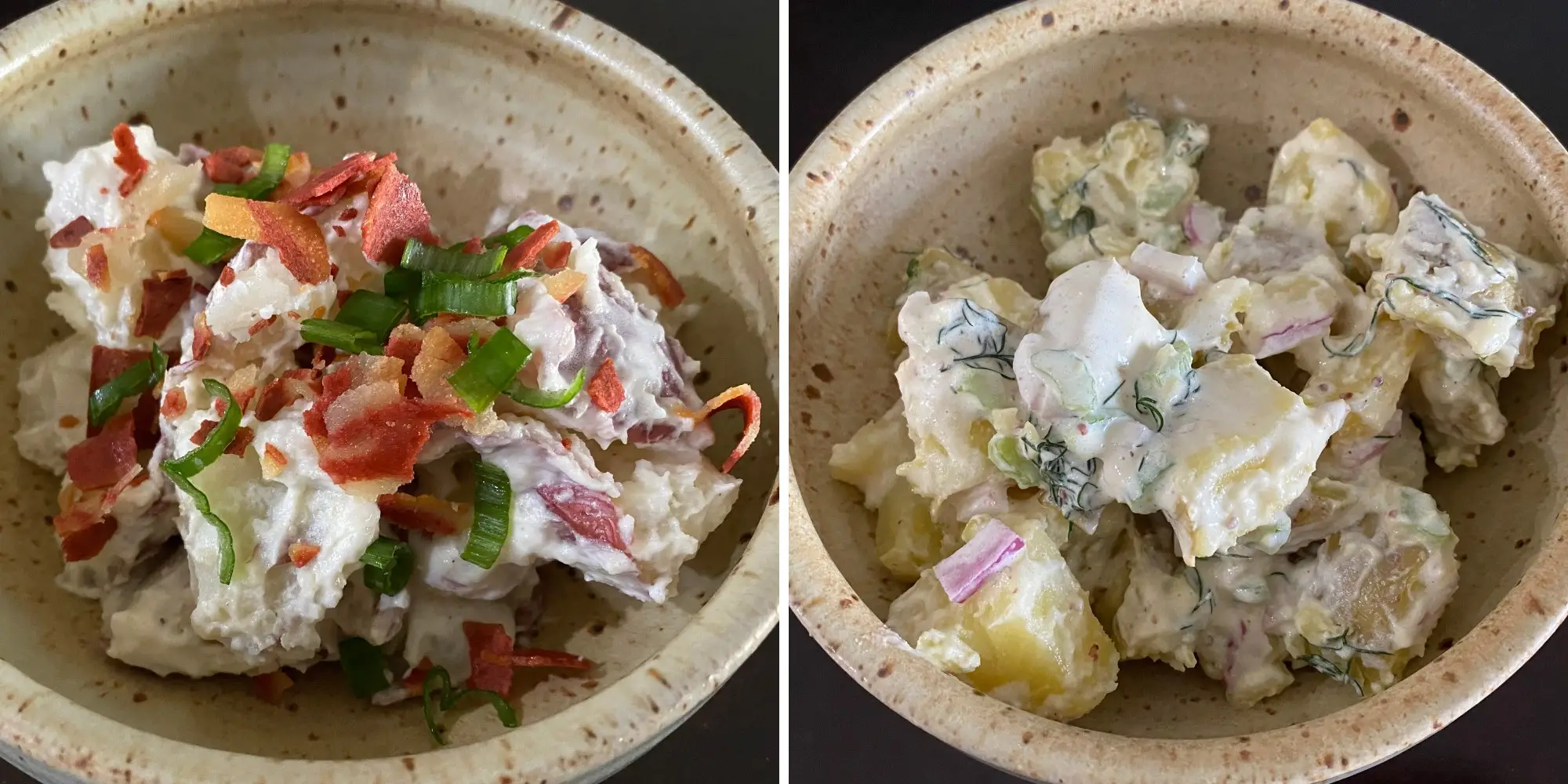 Composite of Guy Fieri's potato salad next to image of Ina Garten's potato salad