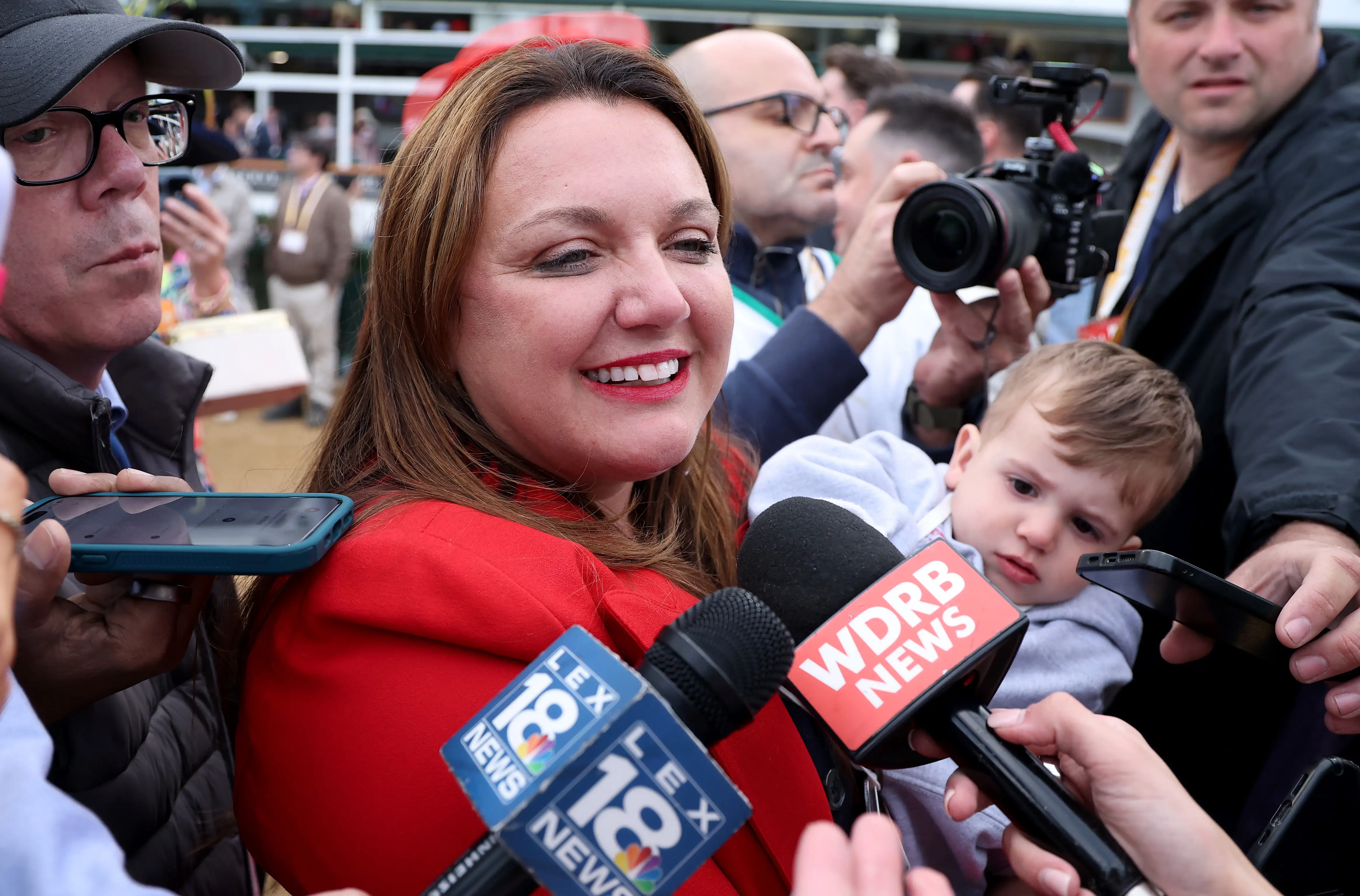 Cherie DeVaux trainer of Golden Tempo #19, speaks to the media