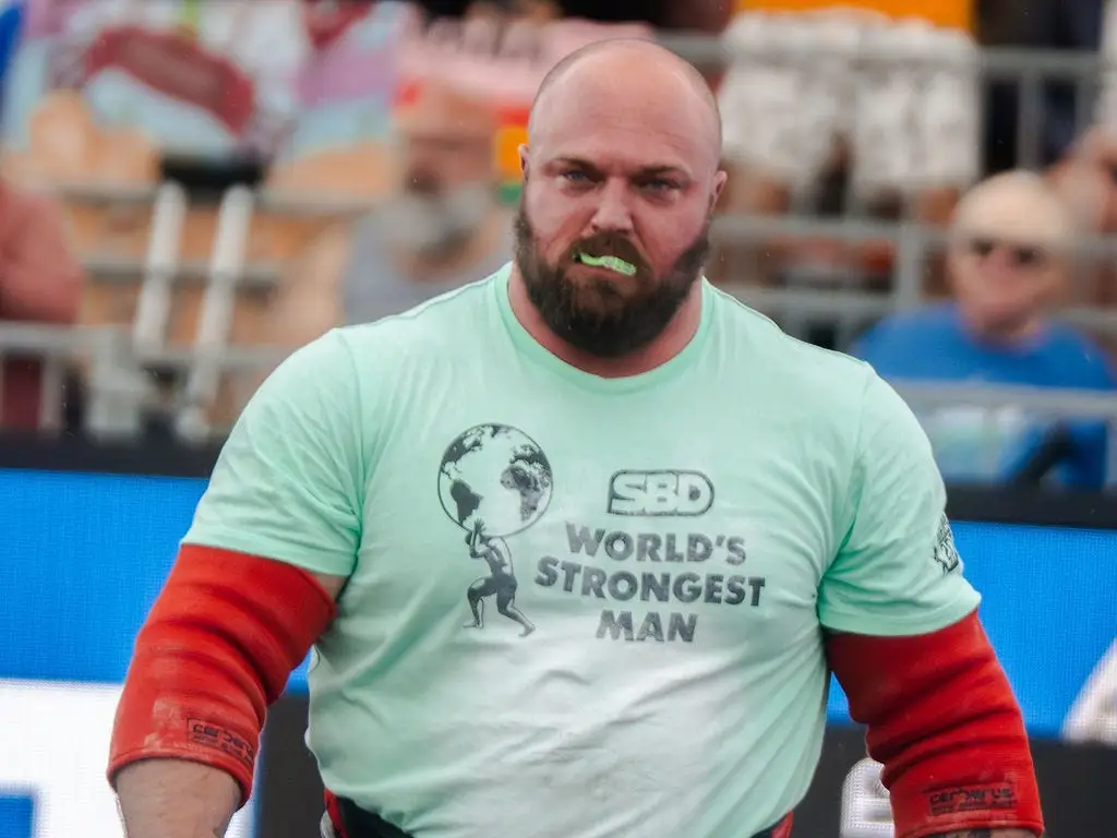World's Strongest Man competititor Mitchell Hooper in protective lifting equipment