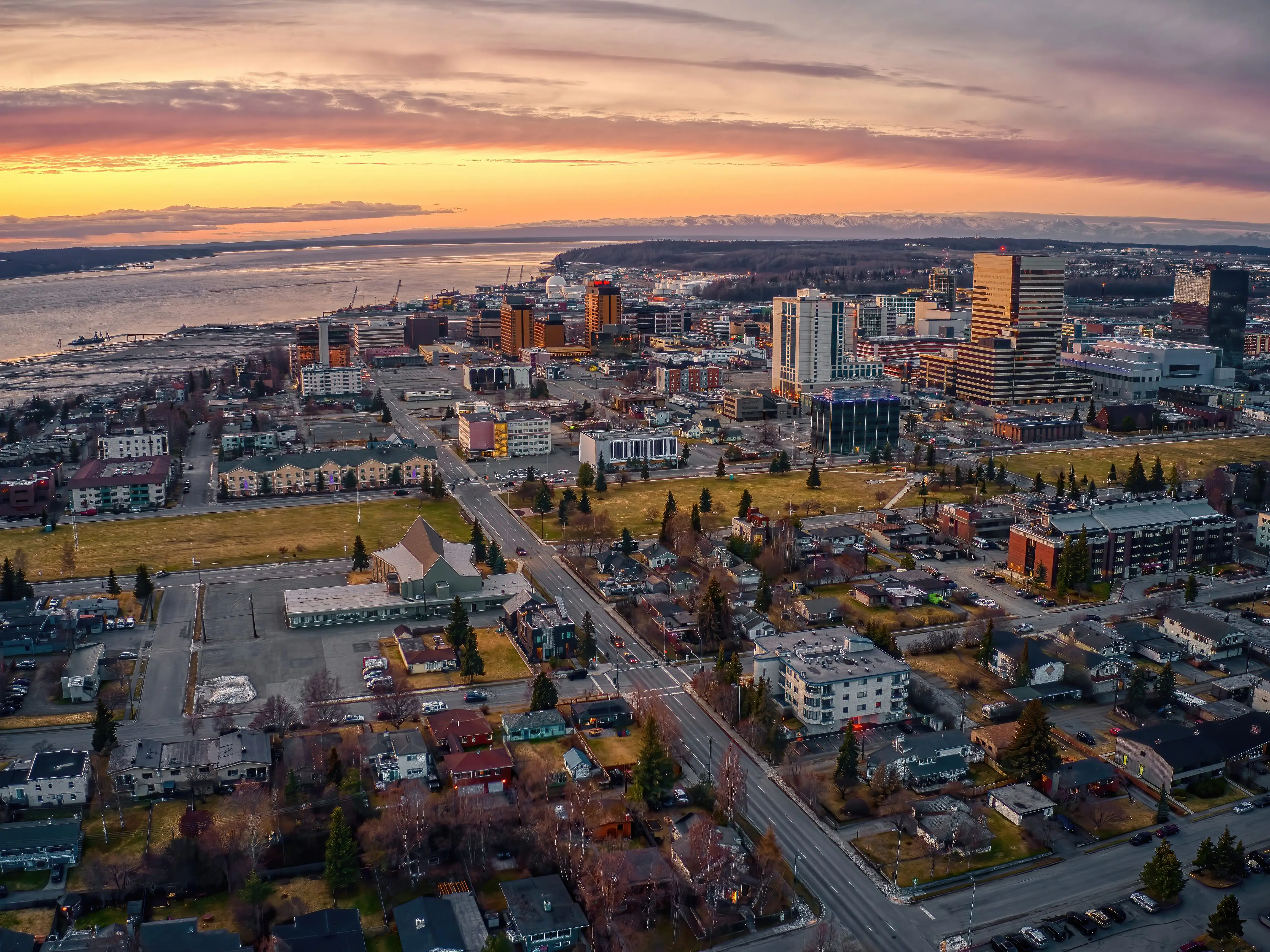 Aerial view of Anchorage, Alaska, at sunset.