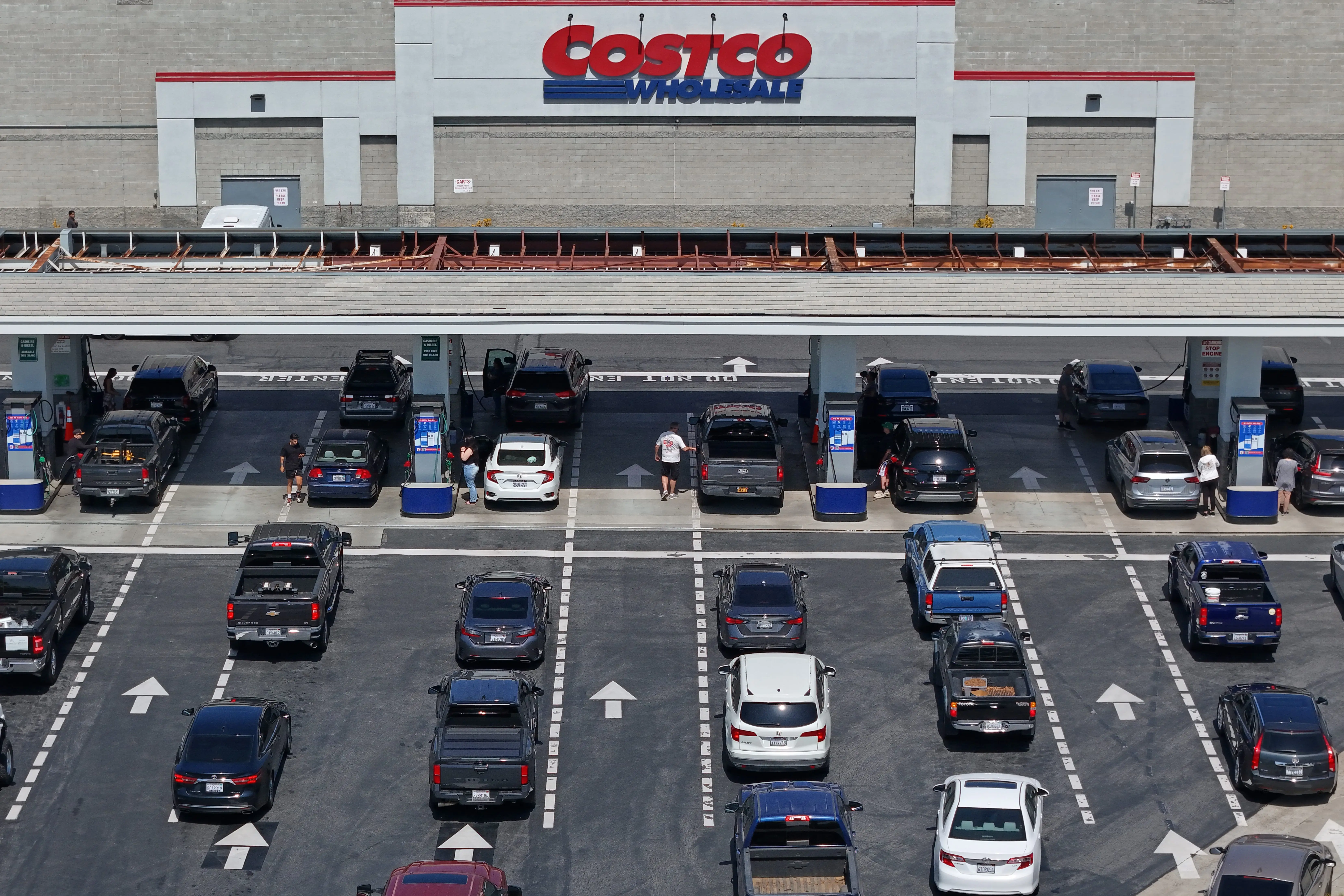 Vehicles wait in line at a Costco Wholesale gas station on May 1, 2025 in Simi Valley, California.