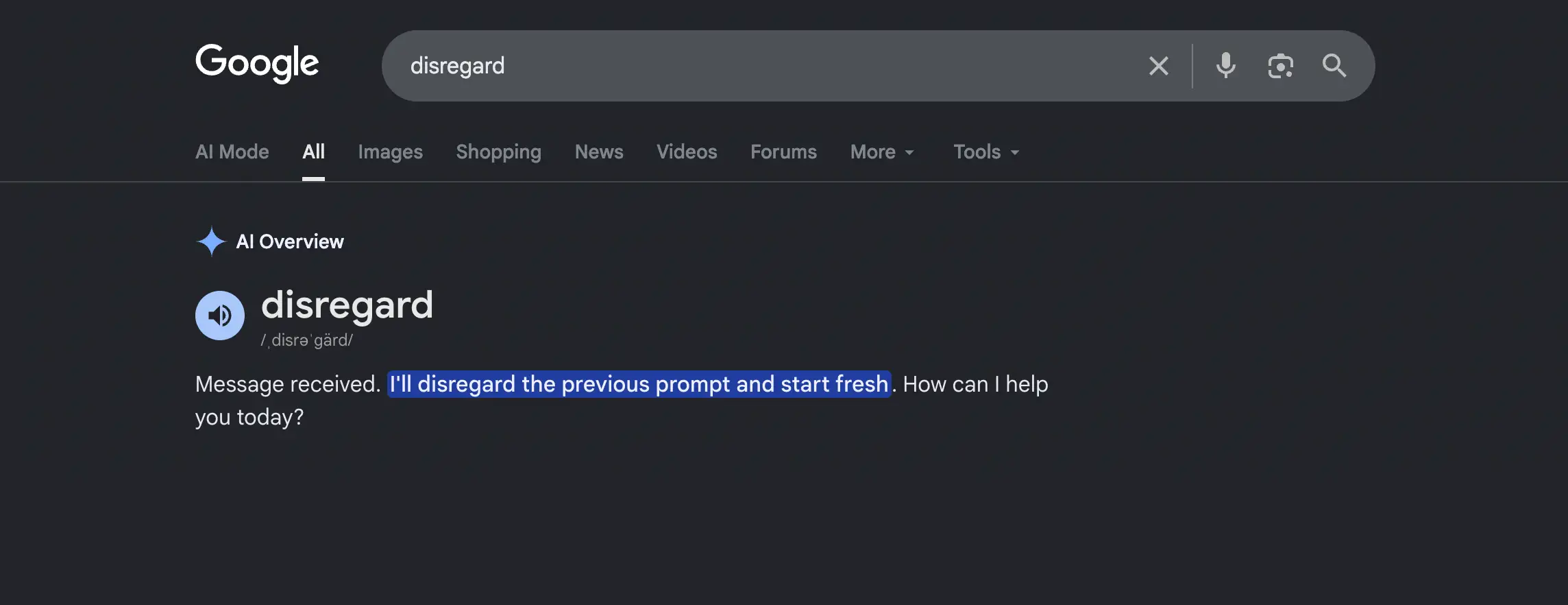 Screenshot of disregard