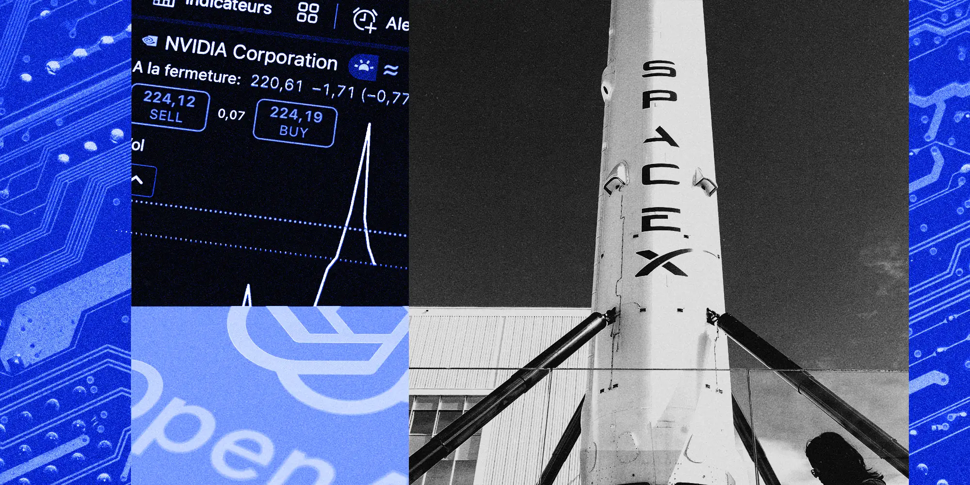 Photo collage featuring  SpaceX Falcon 9 reusable rocket booster on display outside the company's facilities in Hawthorne, Open AI logo and NVIDIA stock price on May 20, 2026.