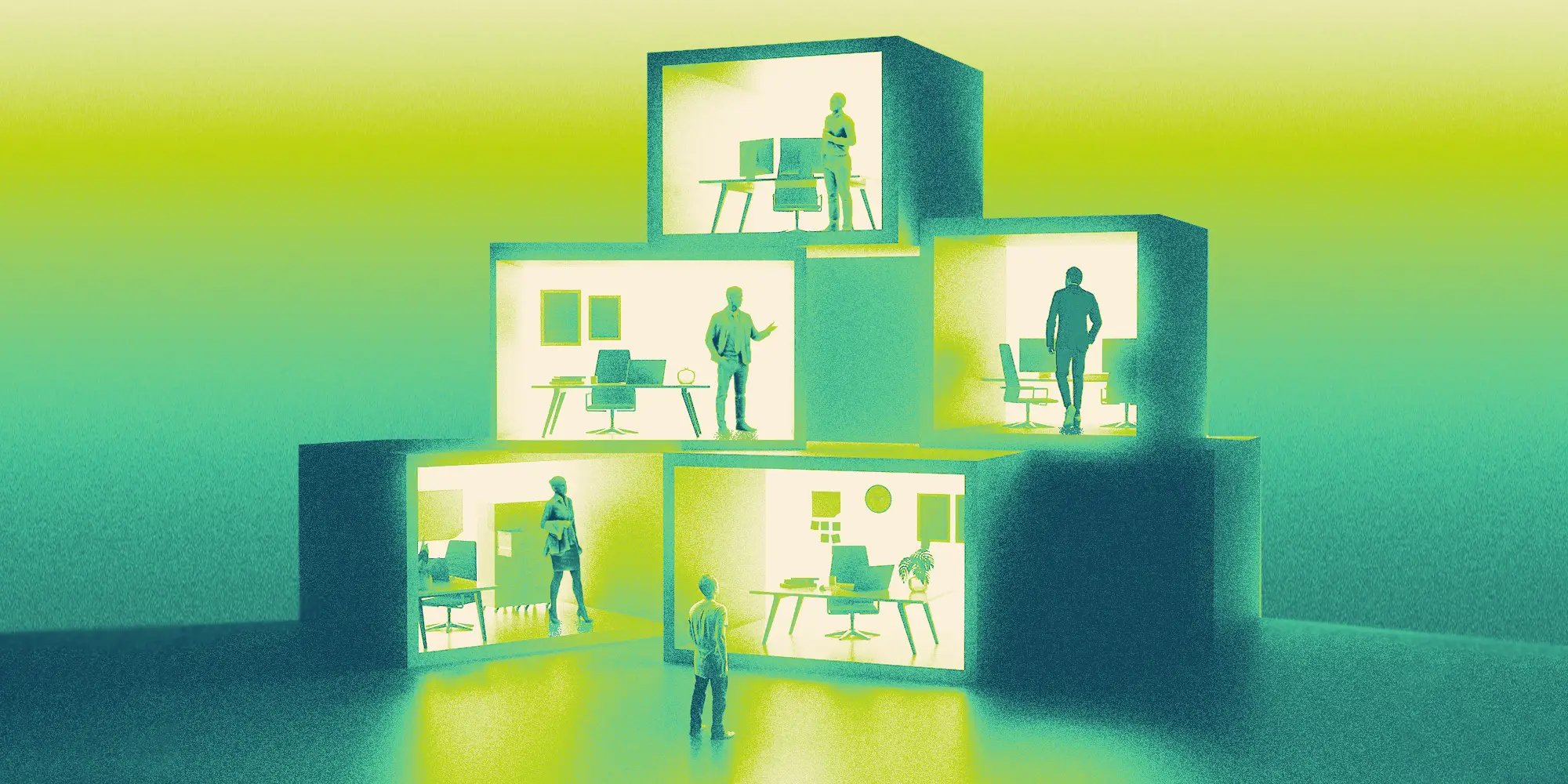 A collection of closed off offices in a pile