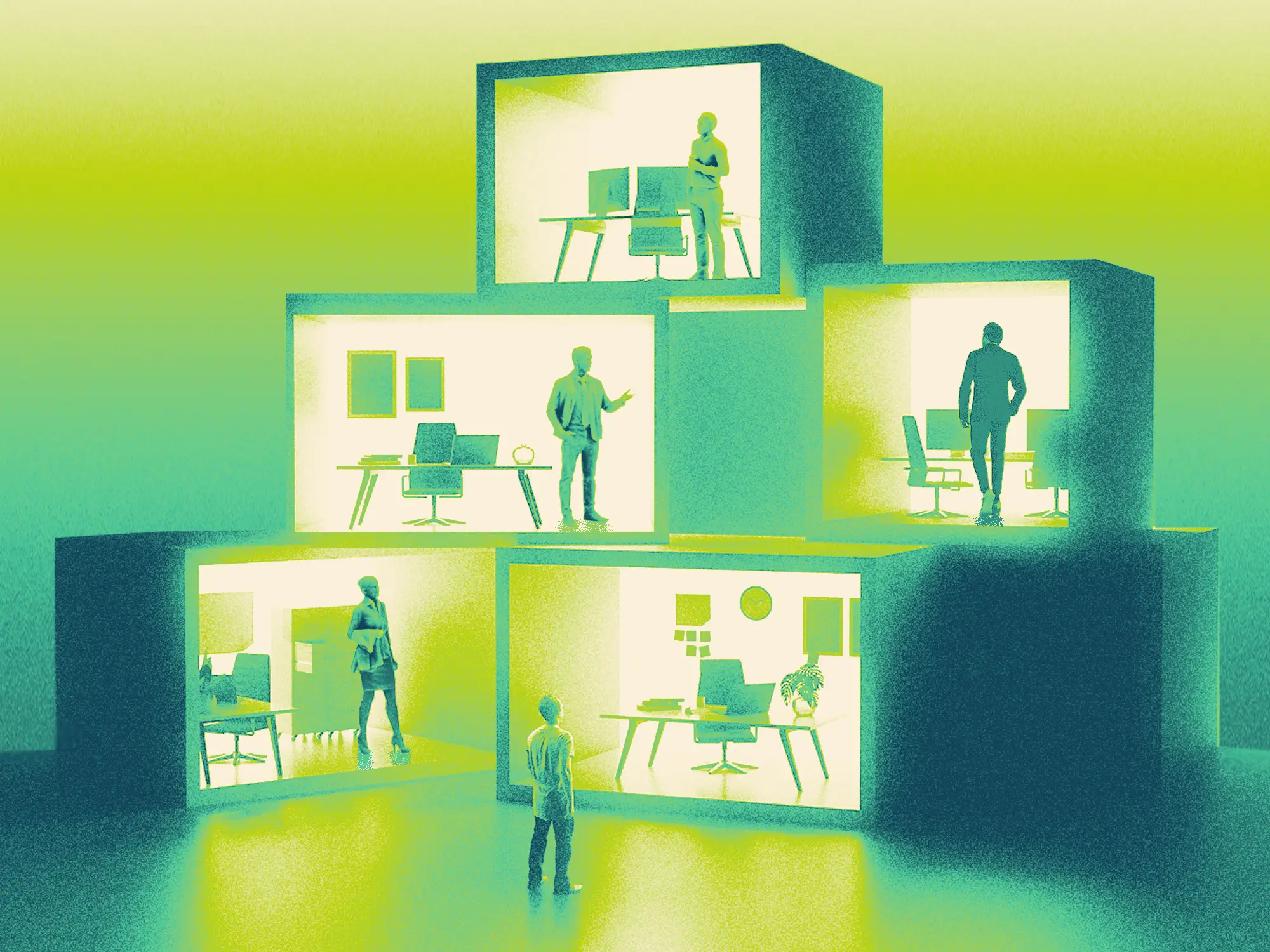 A collection of closed off offices in a pile
