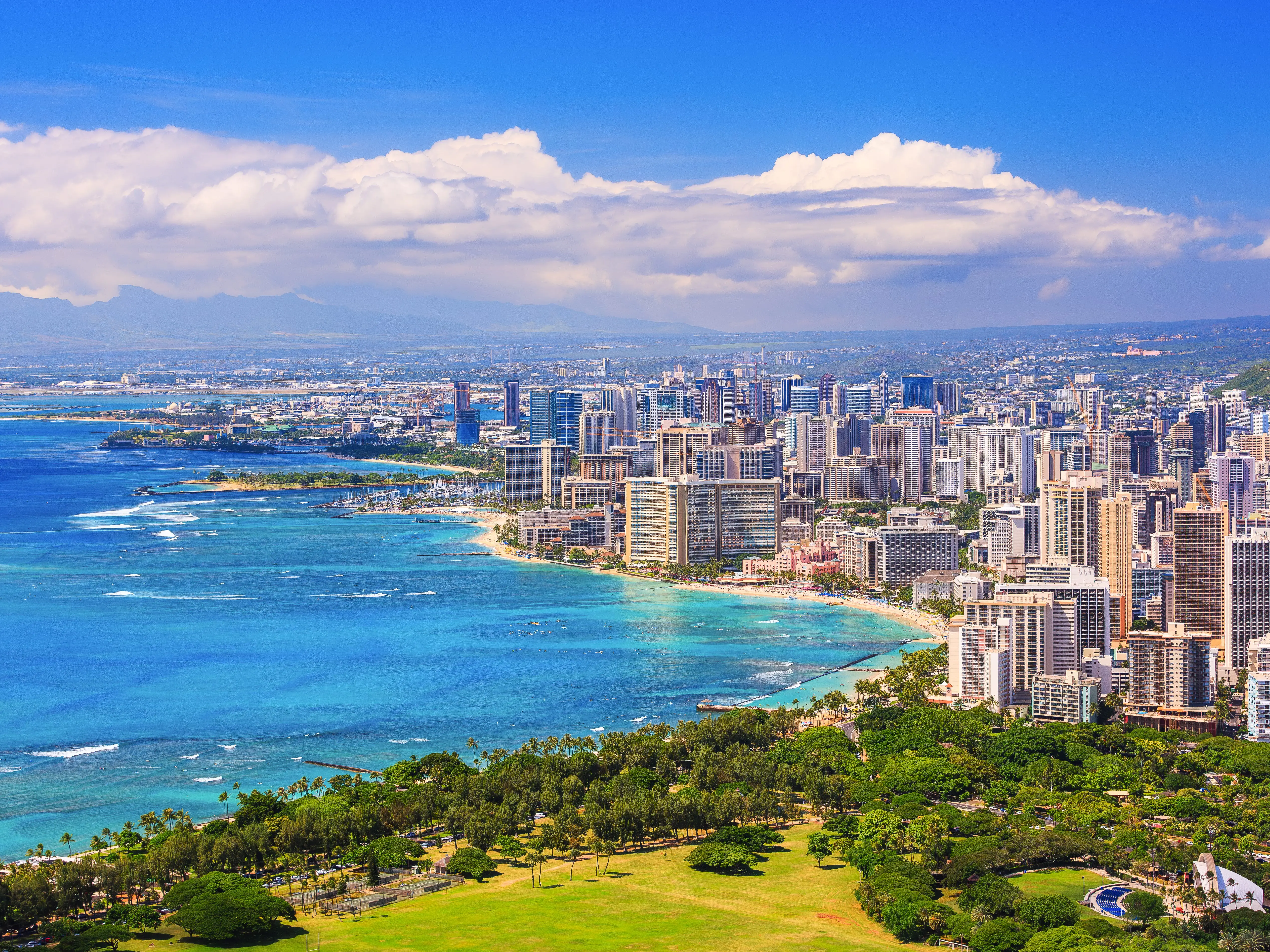 Skyline of Honolulu, Hawaii and Waikiki Beach.