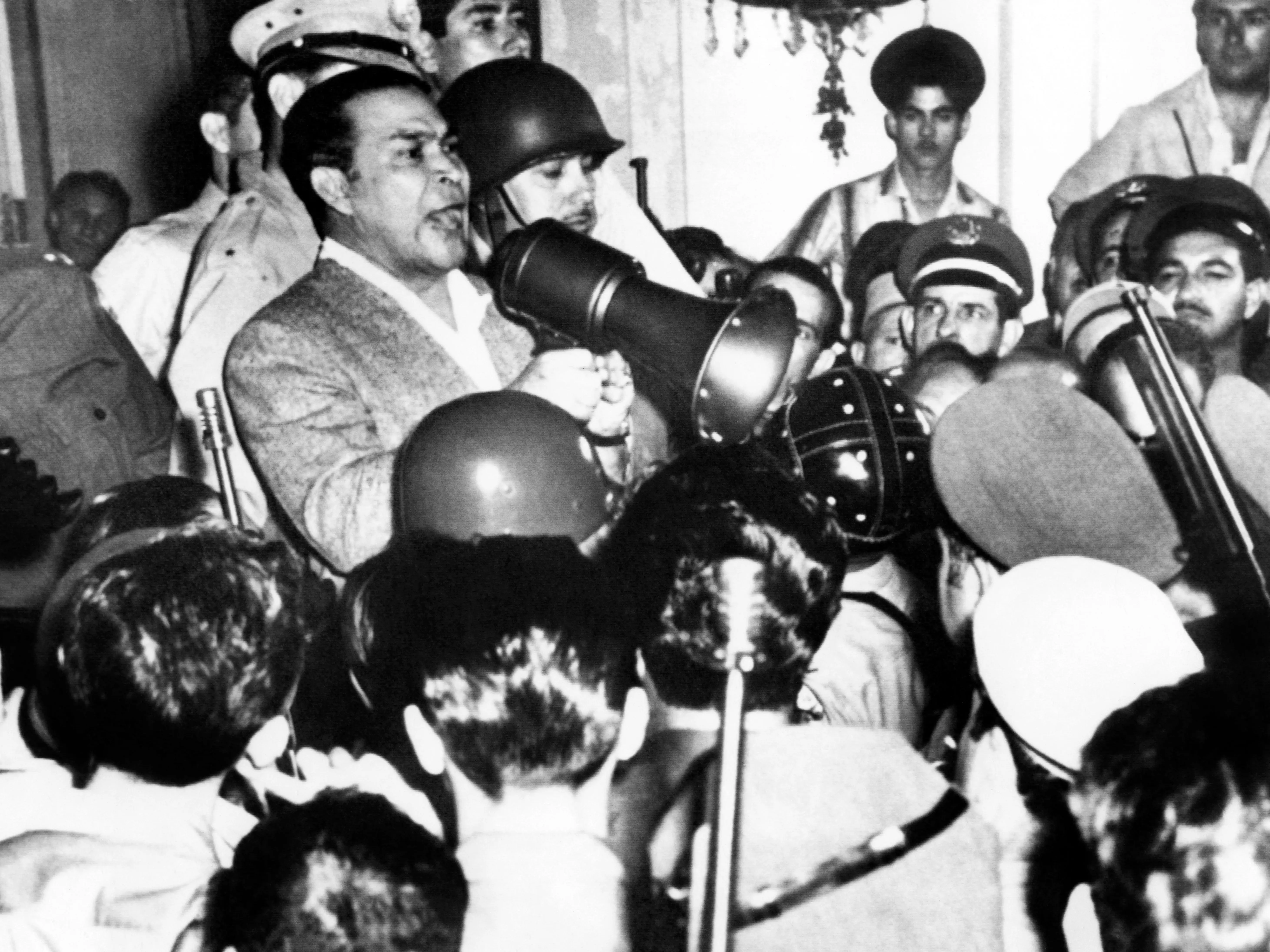 Cuban President Colonel Fulgencio Batista adresses his victorious Palace guards after a rebel attack on March 13, 1957 in Havana. In 1933, he organized a military coup (the 'sergeants' revolt'), consolidated his power, and became president (1940-1944). In 1952 he overthrew President Prio Socorras and ruled as dictator until being ousted from power in 1959 by Fidel Castro's guerrilla movement during the Cuban Revolution.