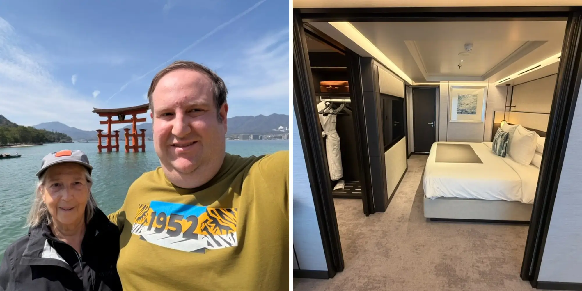 Composite of woman and man smiling in selfie in Japan next to image of interior of cruise ship cabin