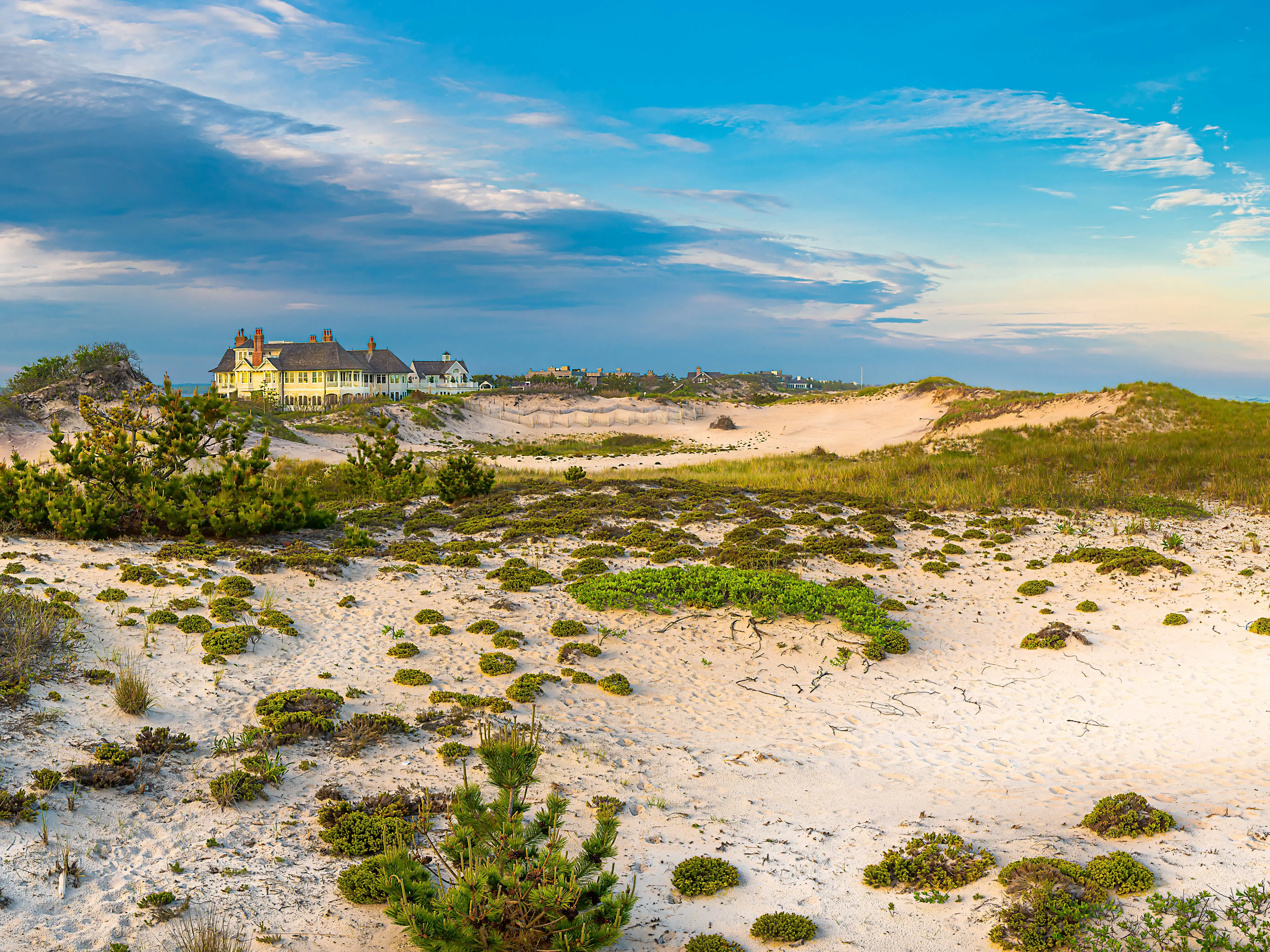 Views of the seashore, dunes, and oceanfront mansions in the Hamptons.