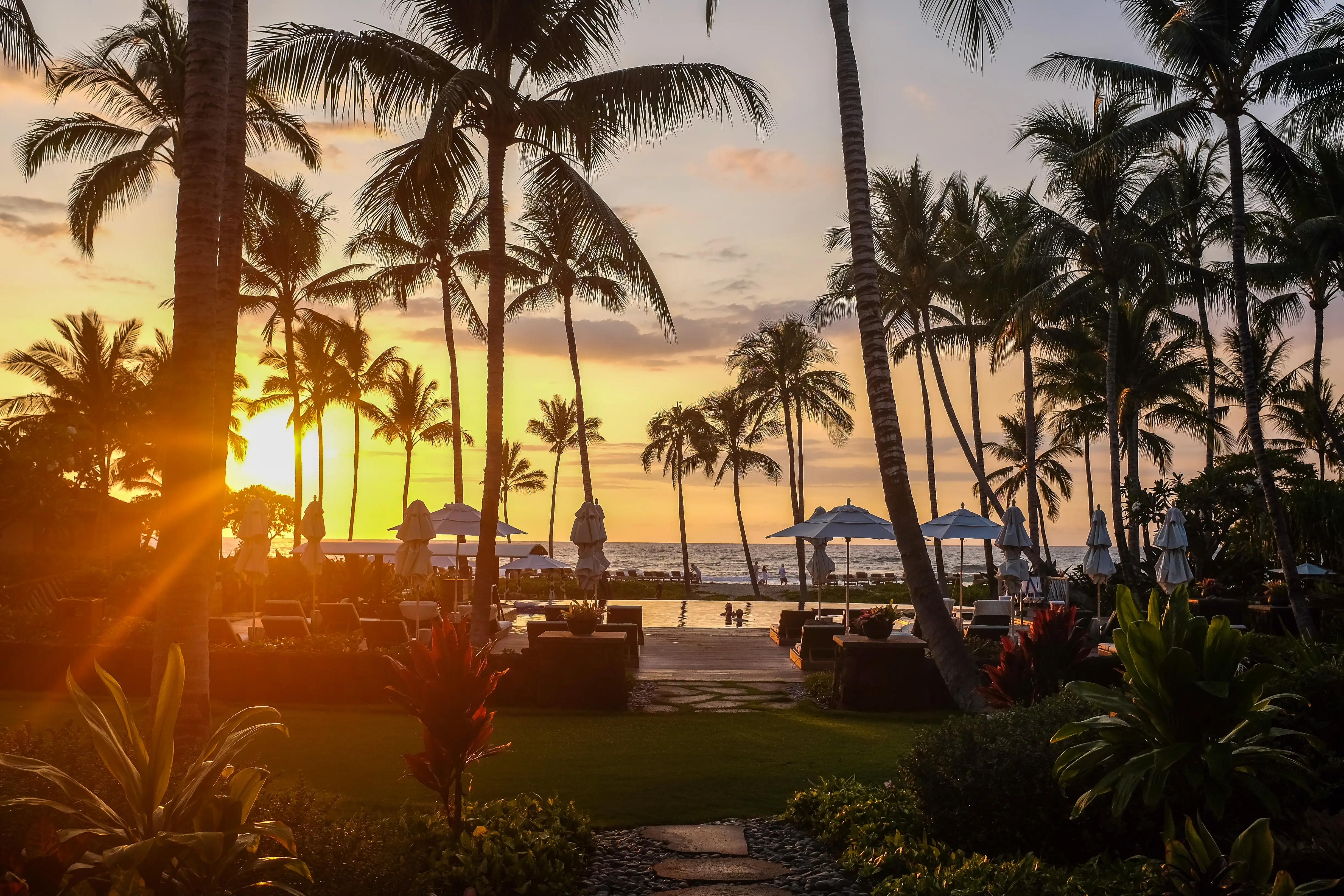 A sunset view from a villa of a luxury resort, Hawaii Island.