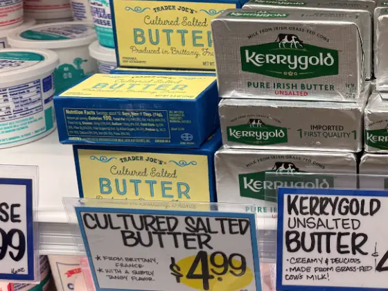 Several containers of Trader Joe's cultured salted butter.