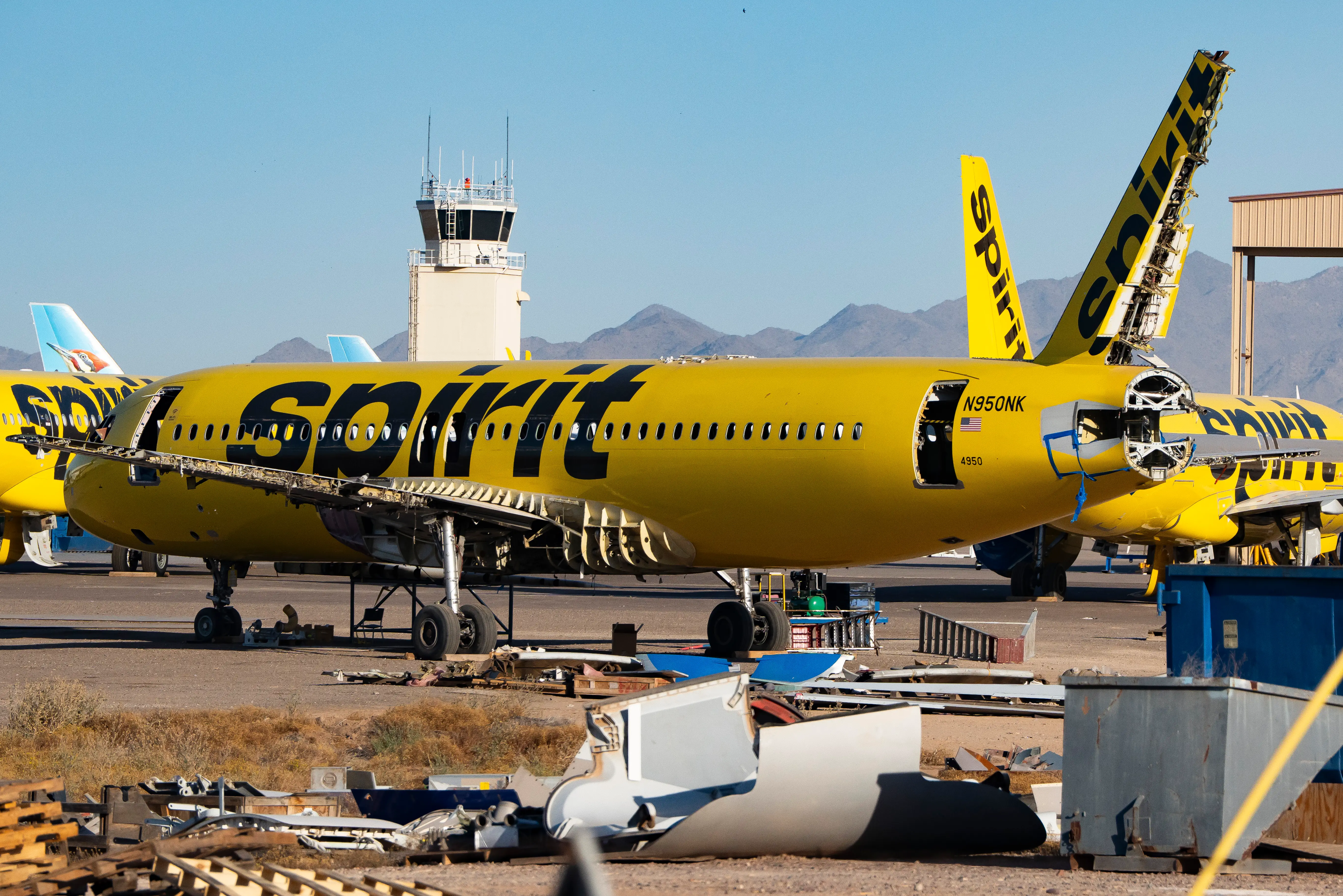 The partially dismantled Spirit plane N950NK at Goodyear Airport.