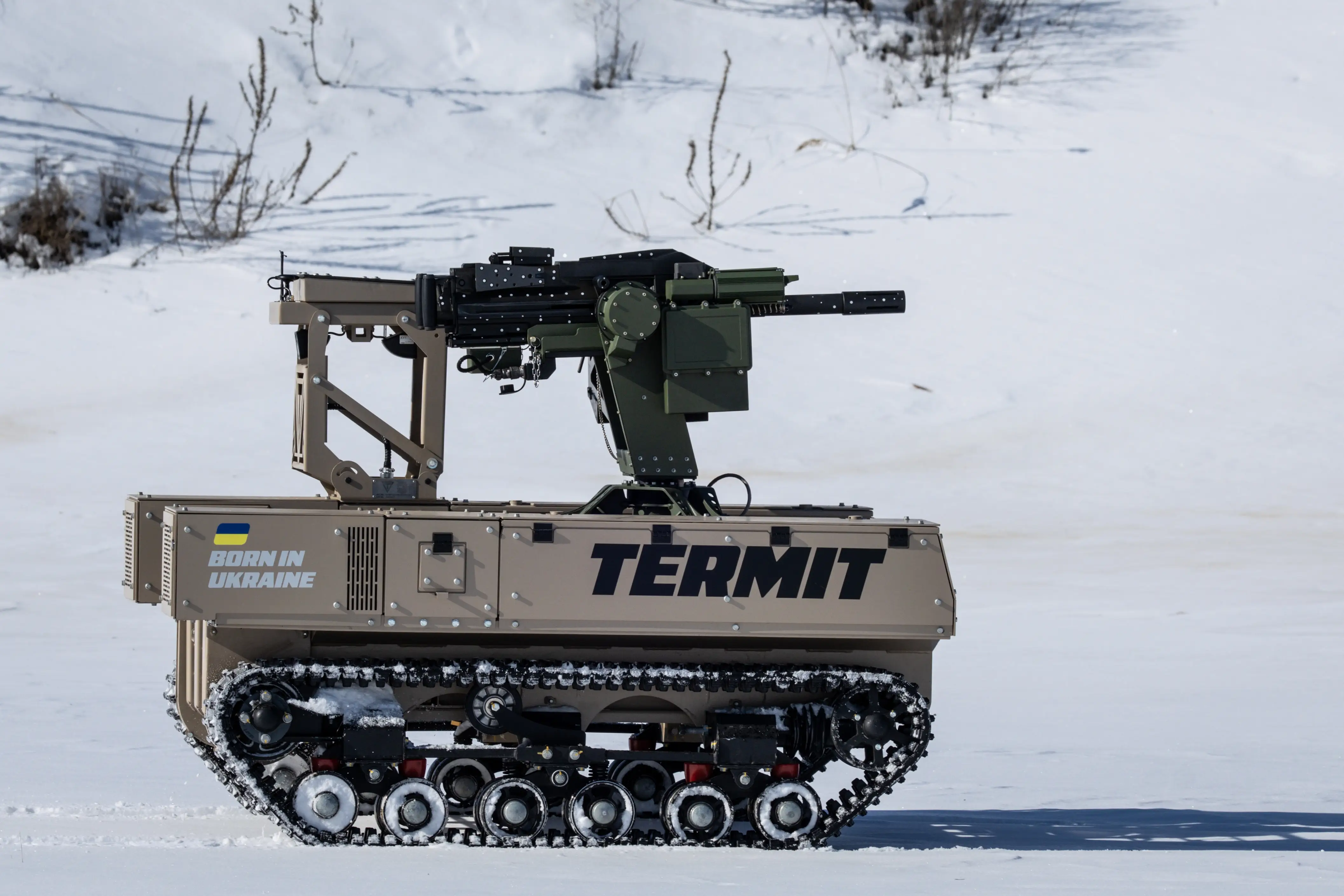 A Tencore TerMIT is seen being driven through the snow during a demonstration in Kyiv.