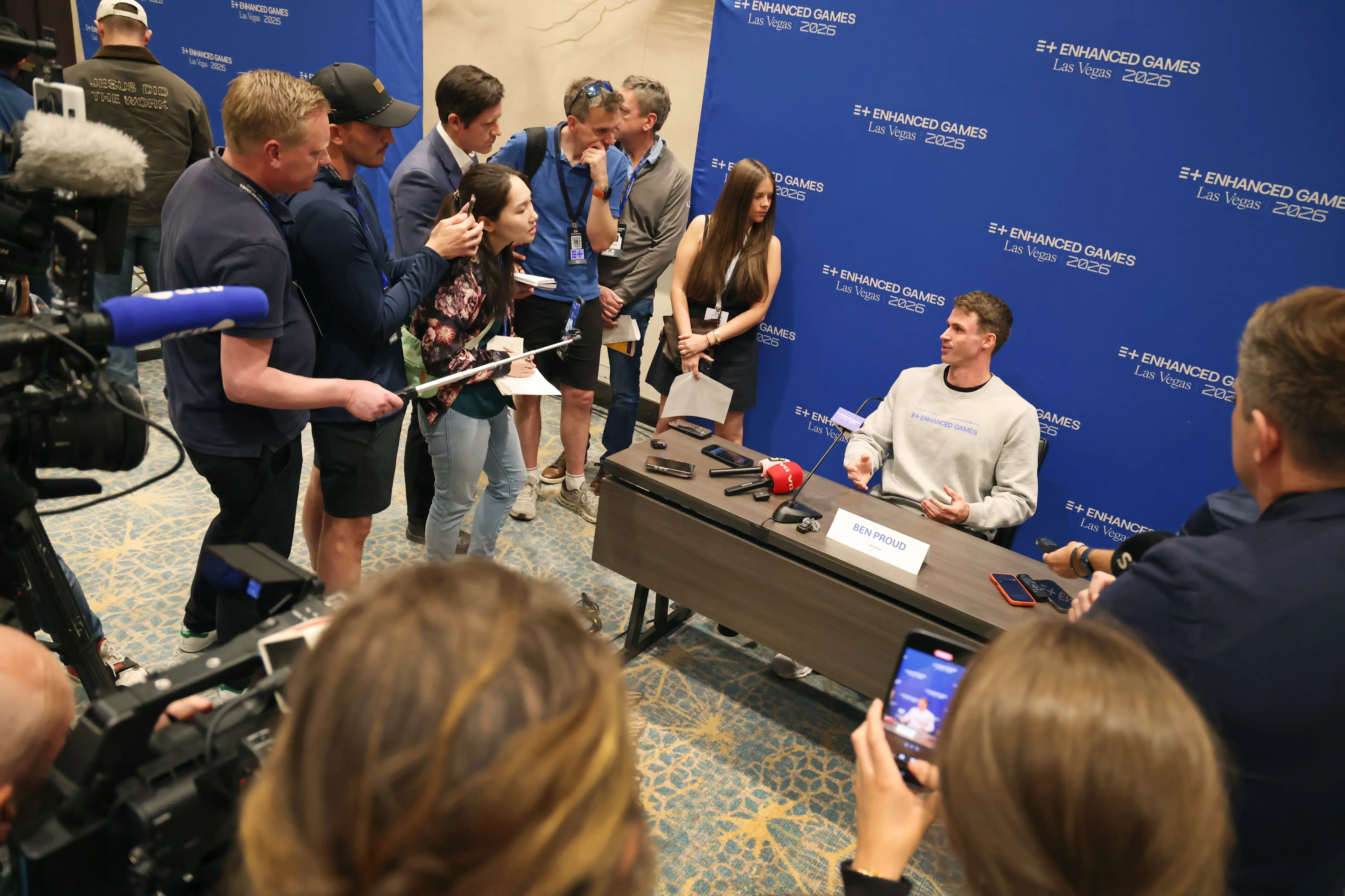 Swimmer Ben Proud participates in a media event prior to Sunday's 2026 Enhanced Games