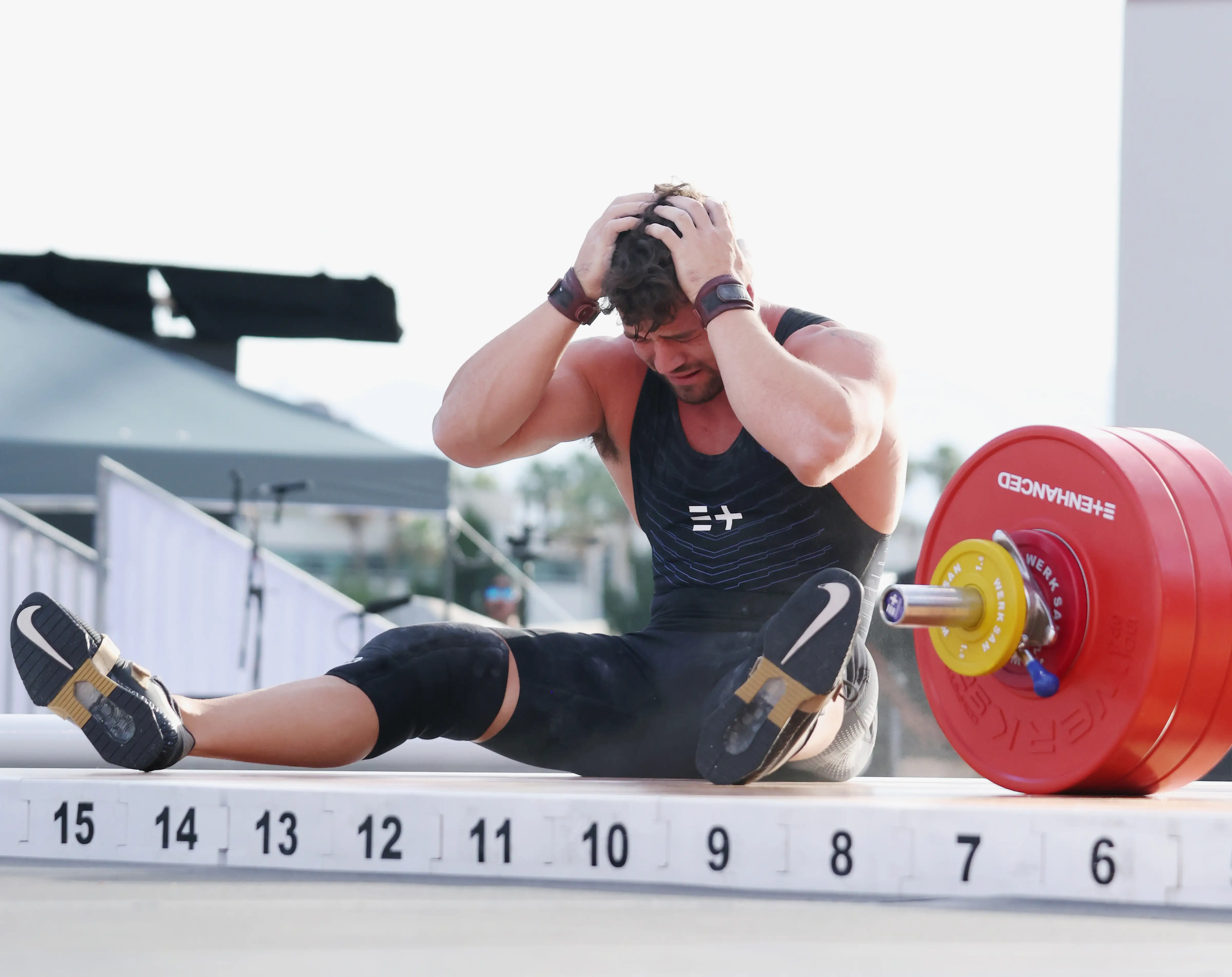 Boady Santavy reacts to an incomplete mens snatch while competing in the 2026 Enhanced Games