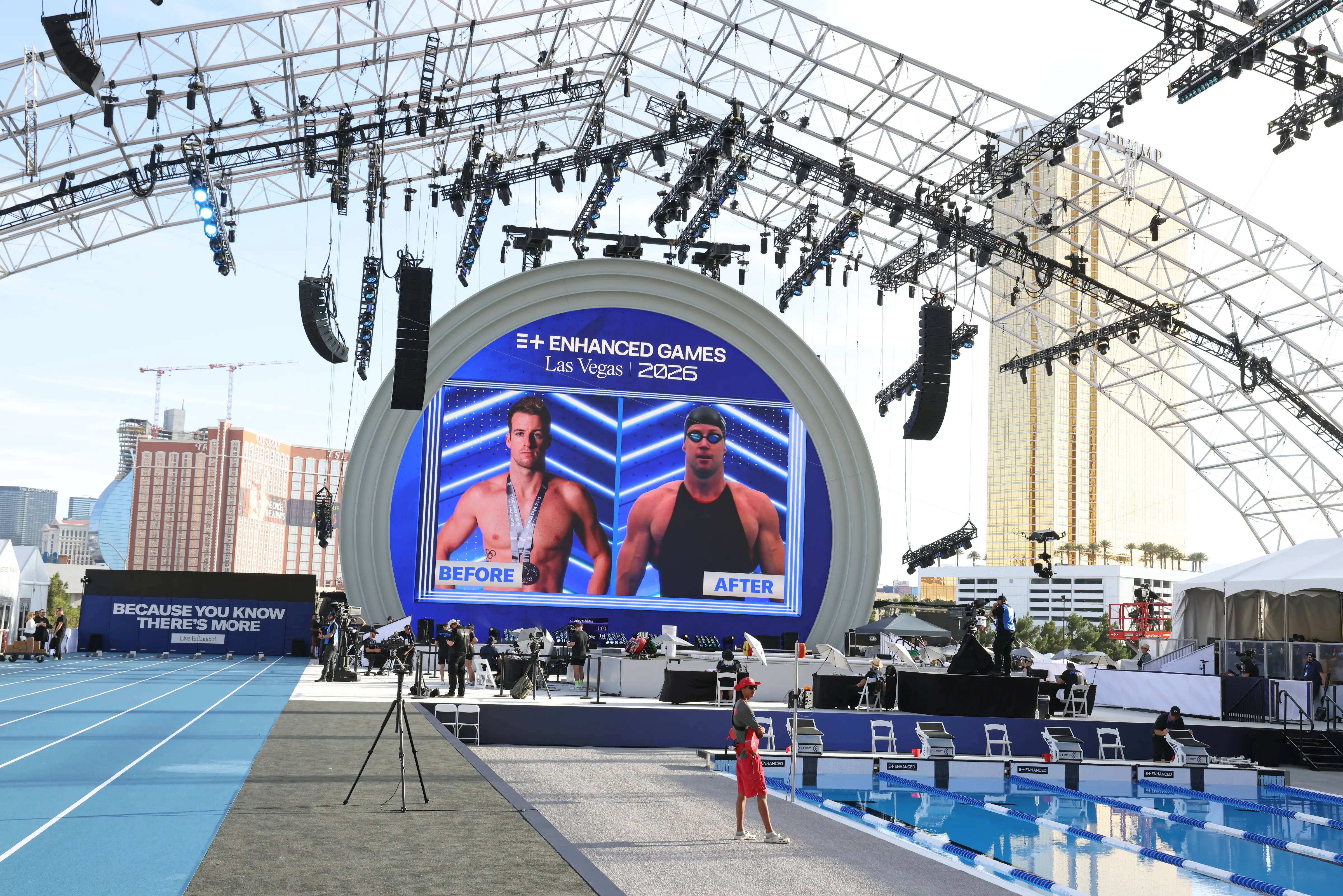 A view of the 2026 Enhanced Games competitor's area is shown at Resorts World hotel-casino