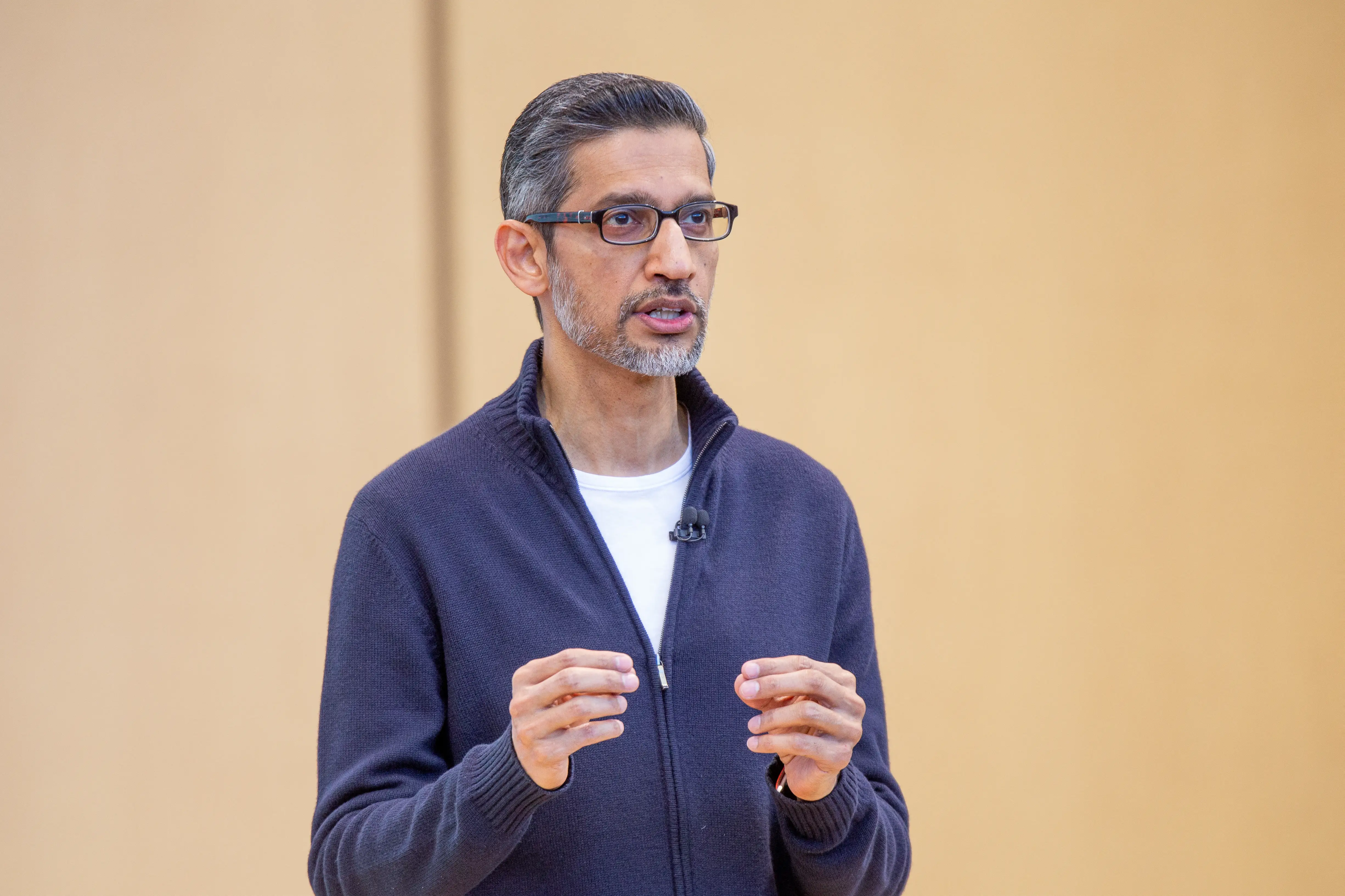Google CEO Sundar Pichai speaks during a conference.