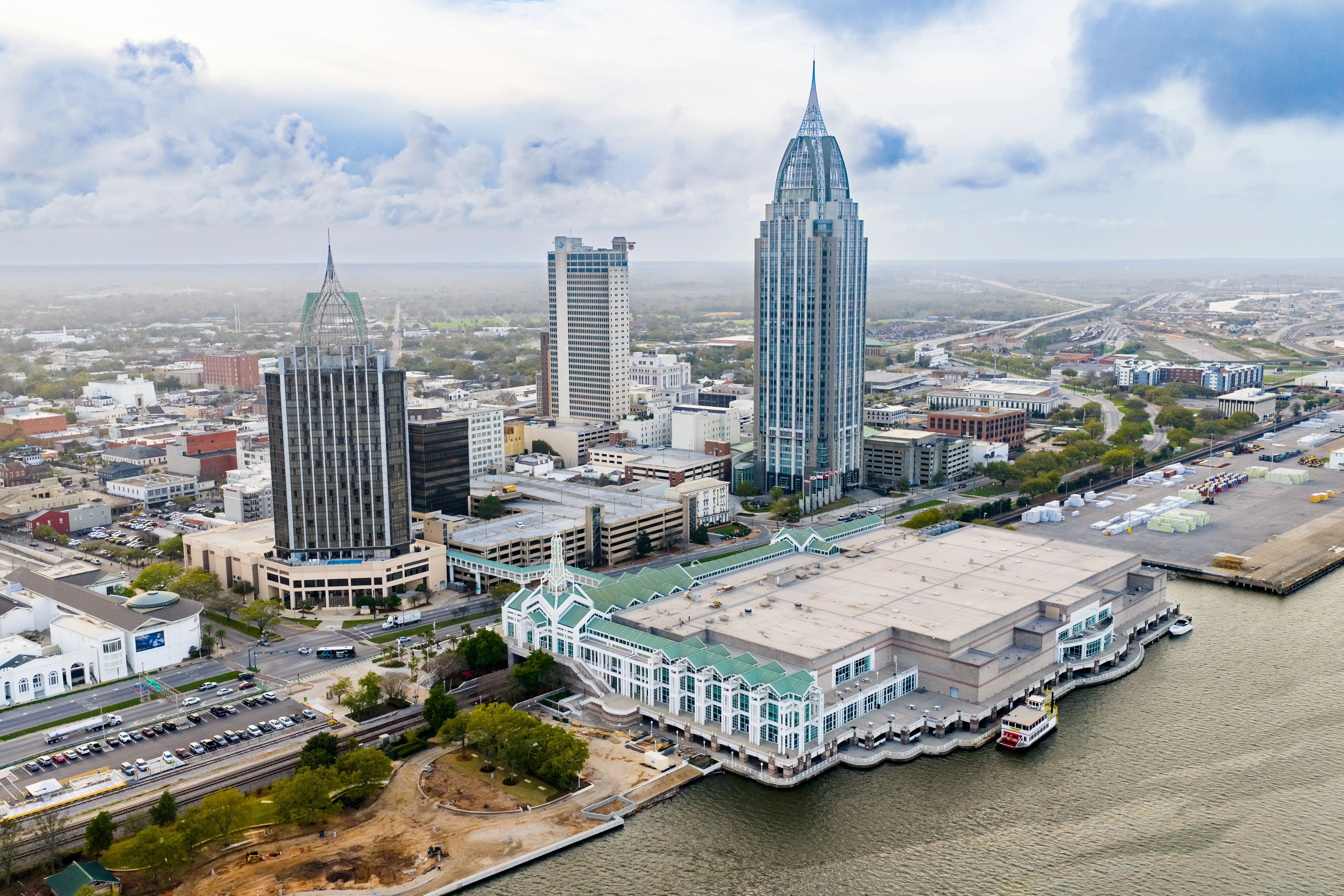 Aerial view of Mobile, Alabama's downtown district.