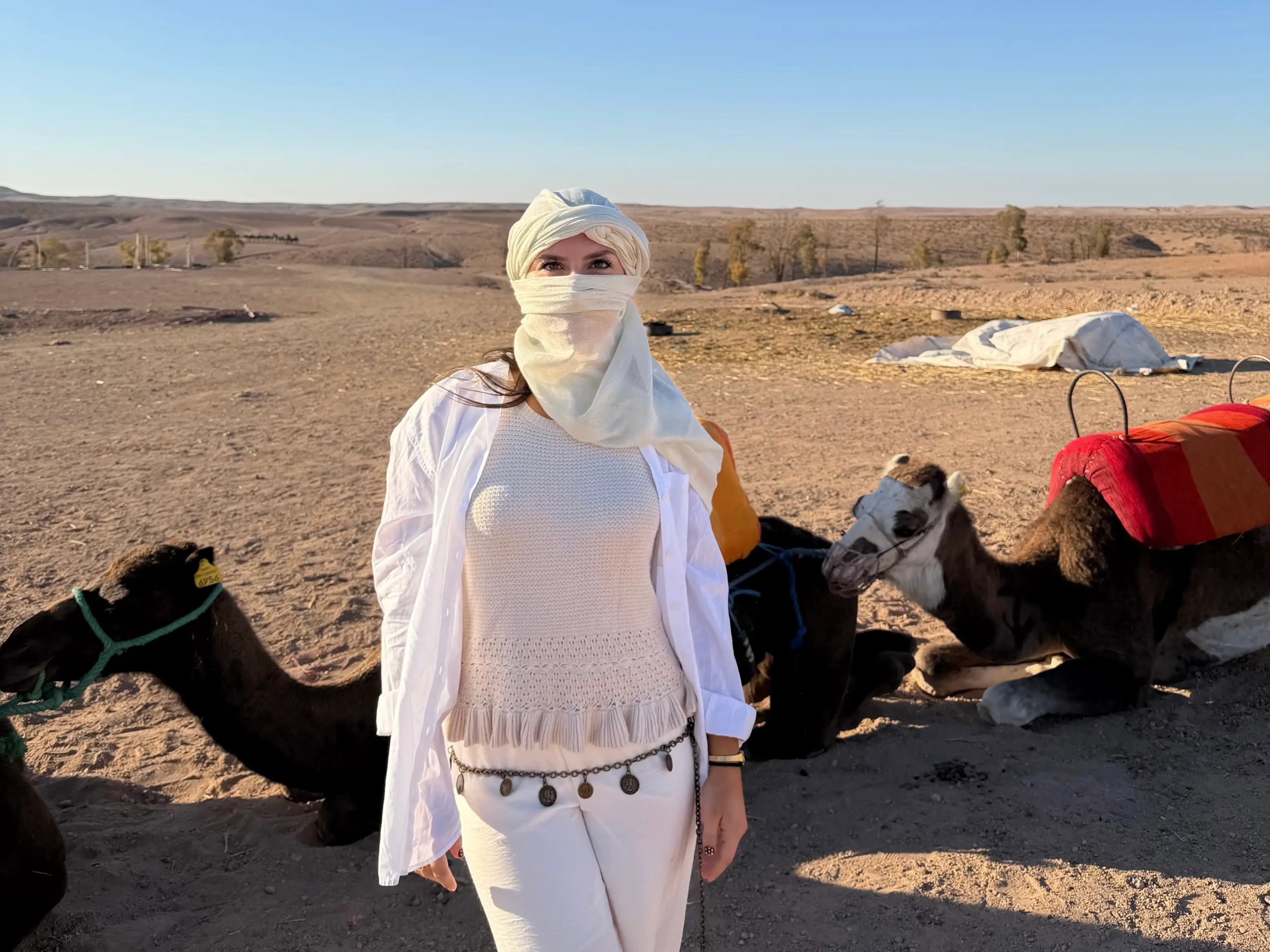 Amanda stands in front of two camels lying in the desert.