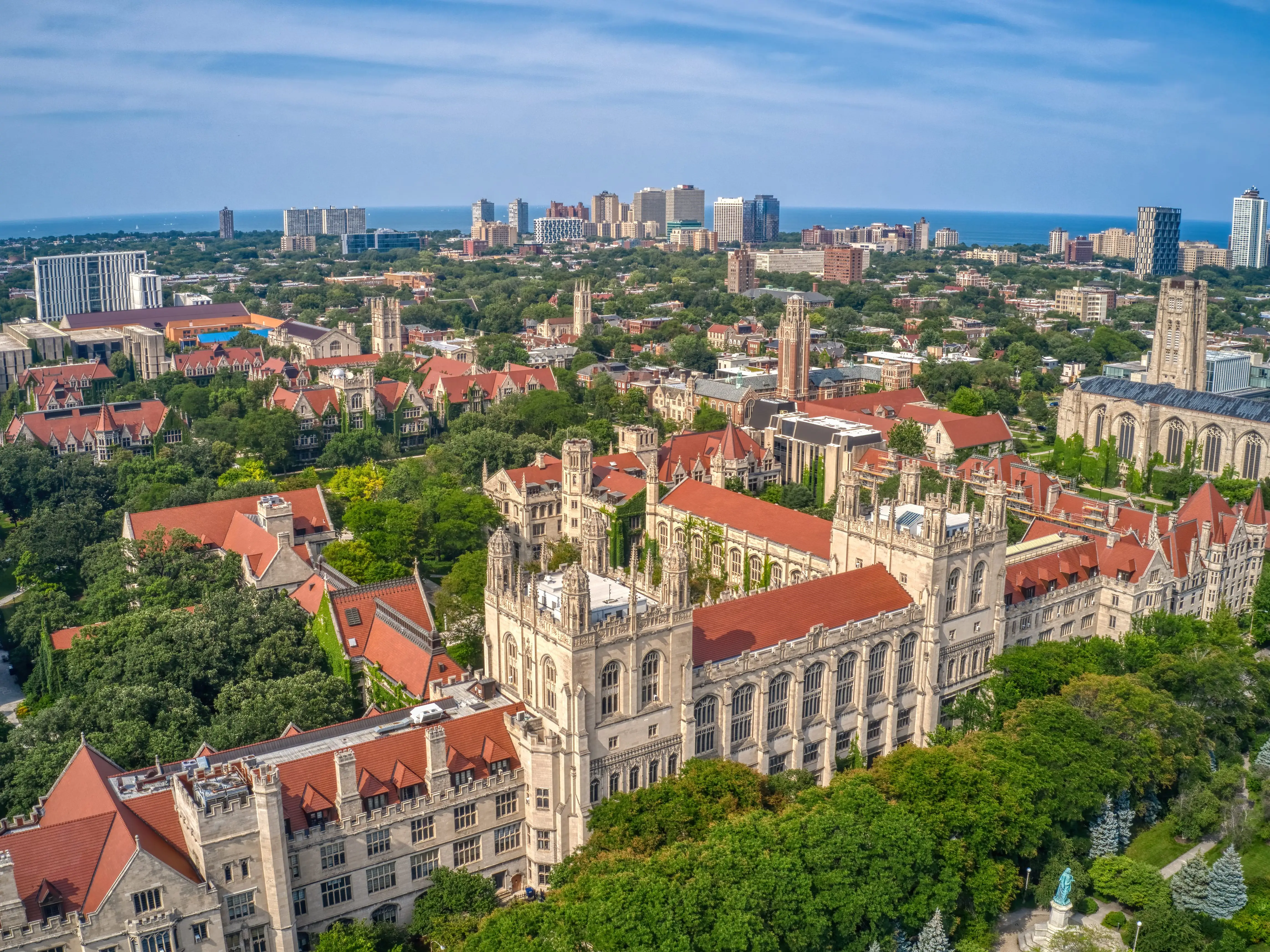 Aerial View of a large University in the Chicago Neighborhood of Hyde Park