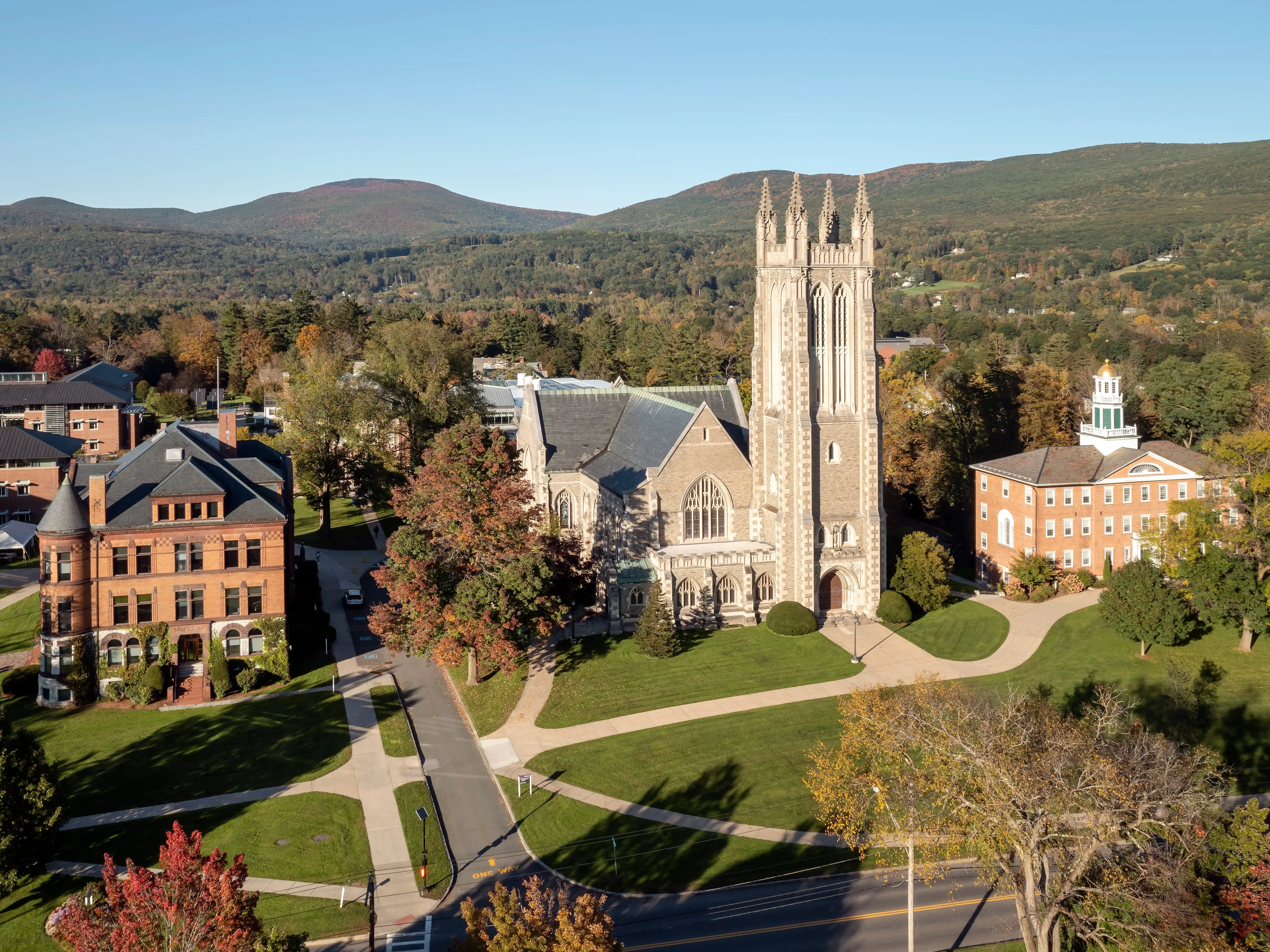 Williamstown, MA. USA - October 8, 2021: Aerial view of the Thompson Memorial Chapel on the campus of Williams College in Williamstown, MA.