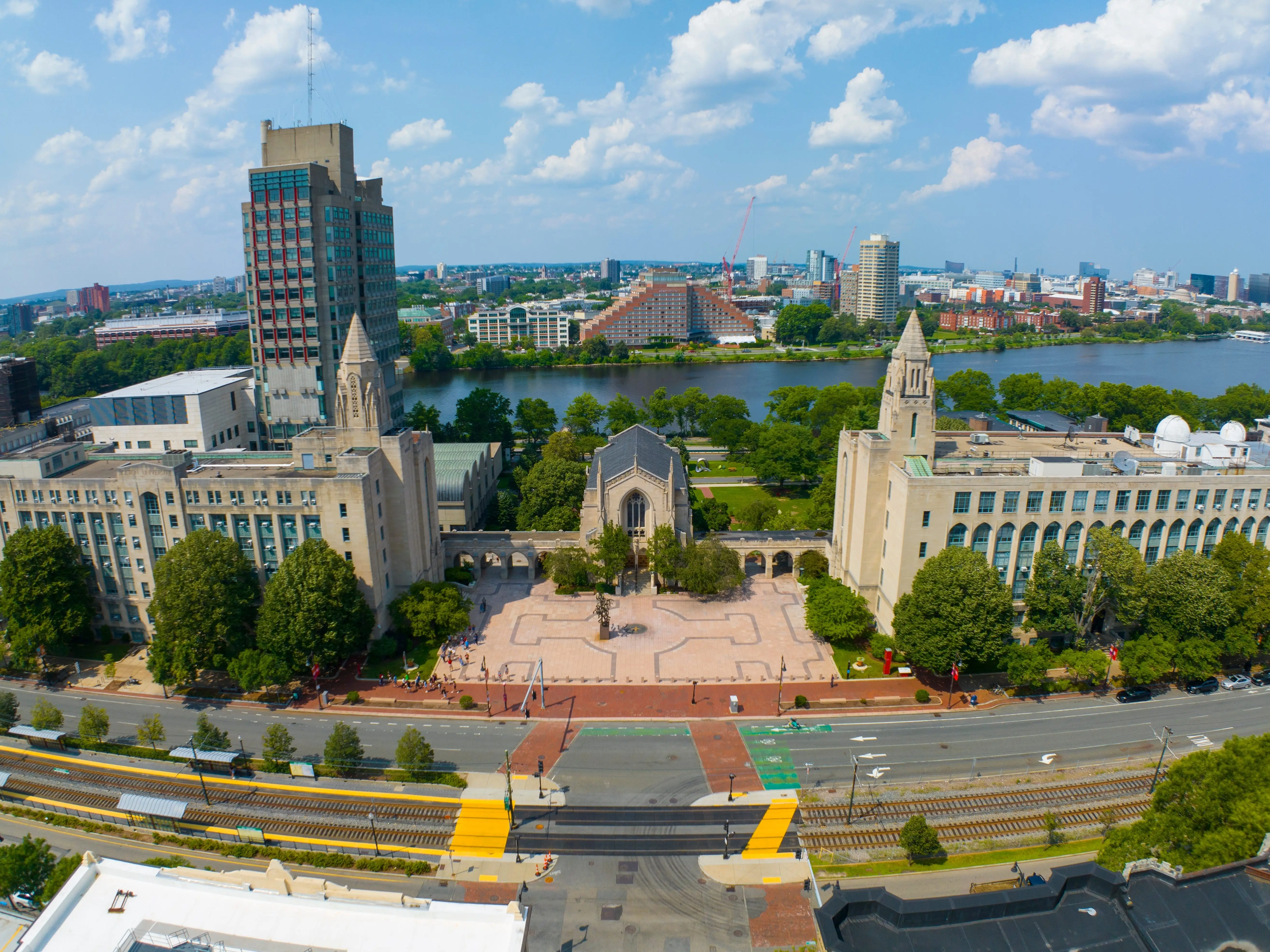 Boston University Marsh Plaza and Marsh Chapel aerial view at 735 Commonwealth Avenue, Boston, Massachusetts MA, USA. Marsh Plaza and Chapel is the main building of Boston University.