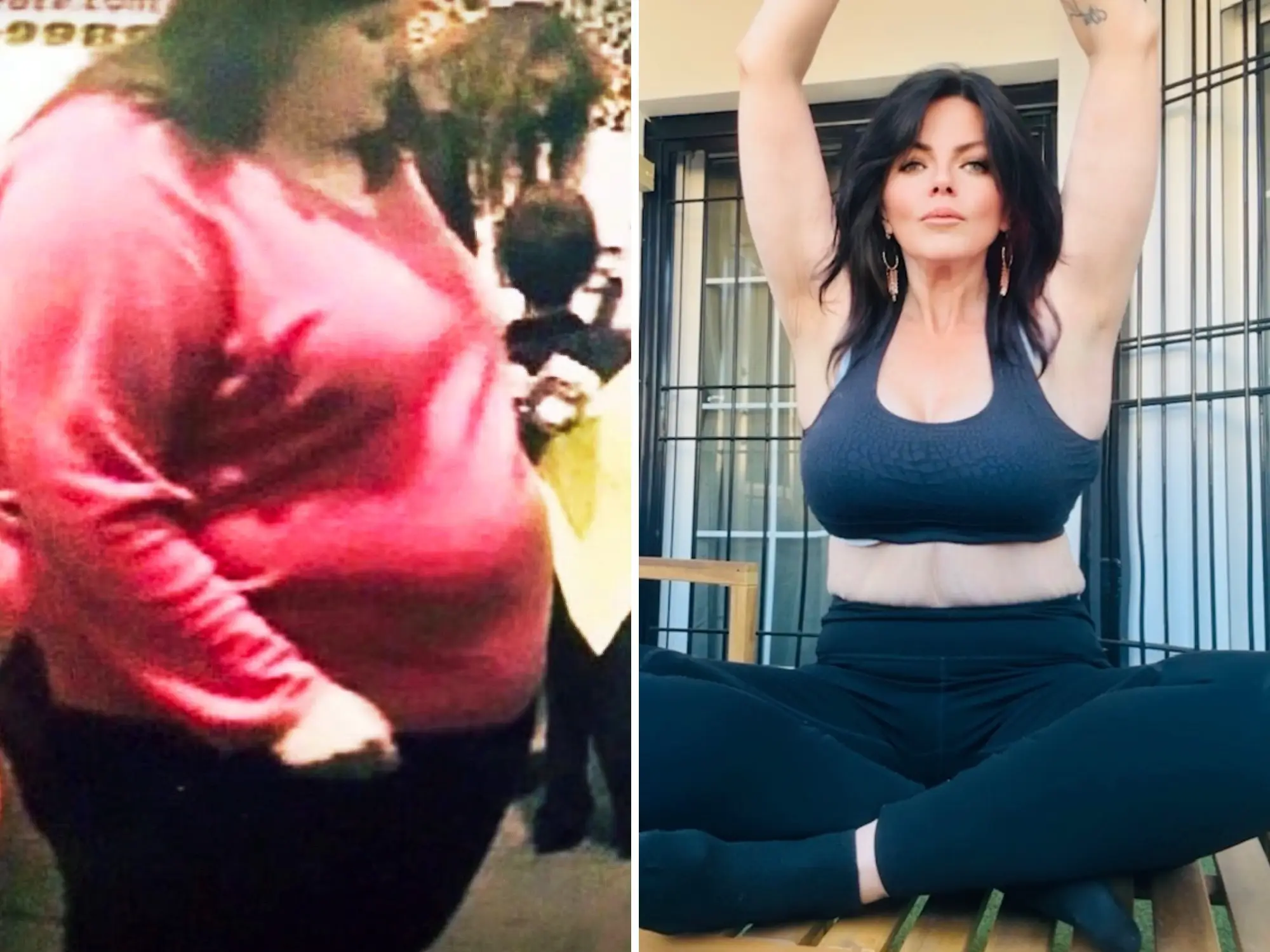 A split image of the same woman overweight and doing yoga after slimming down.
