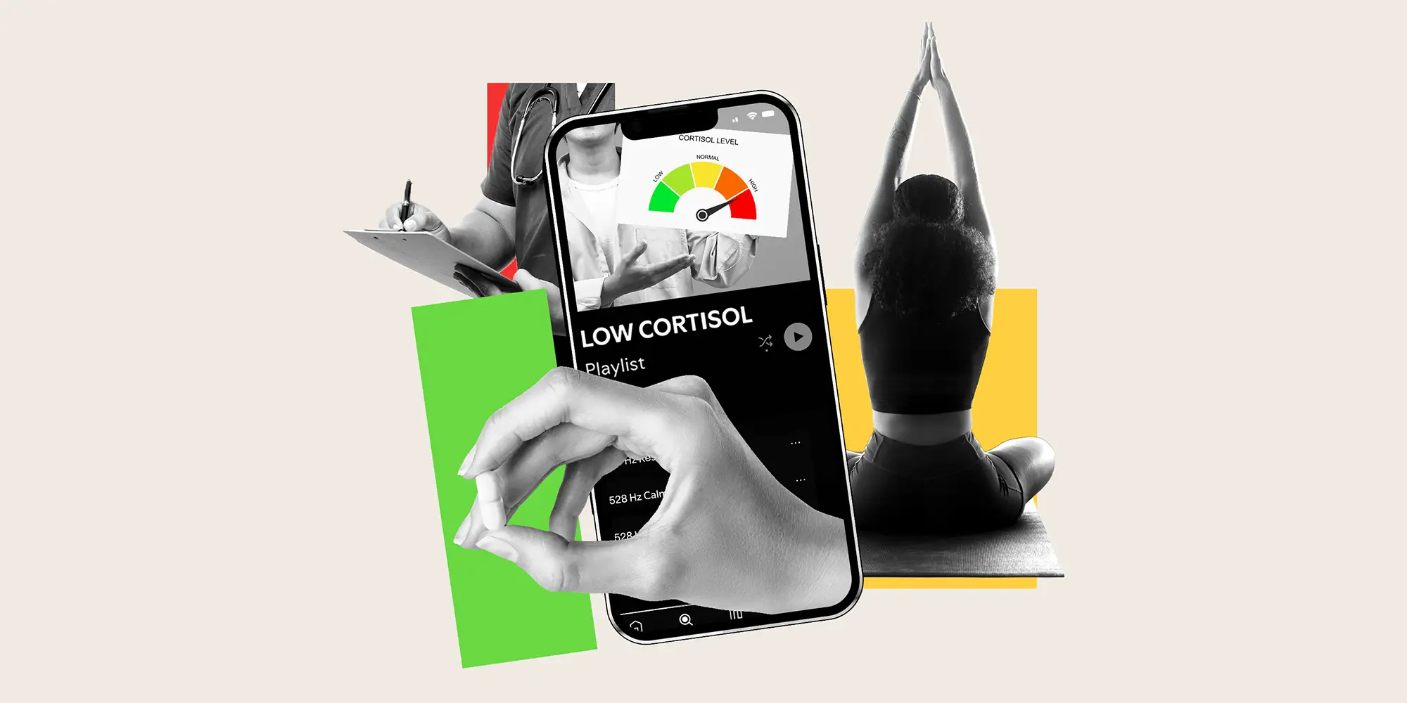 Photo Collage featuring High Cortisol Levels meme, person doing yoga, hand holding a supplement, and a nurse holding a clipboard.