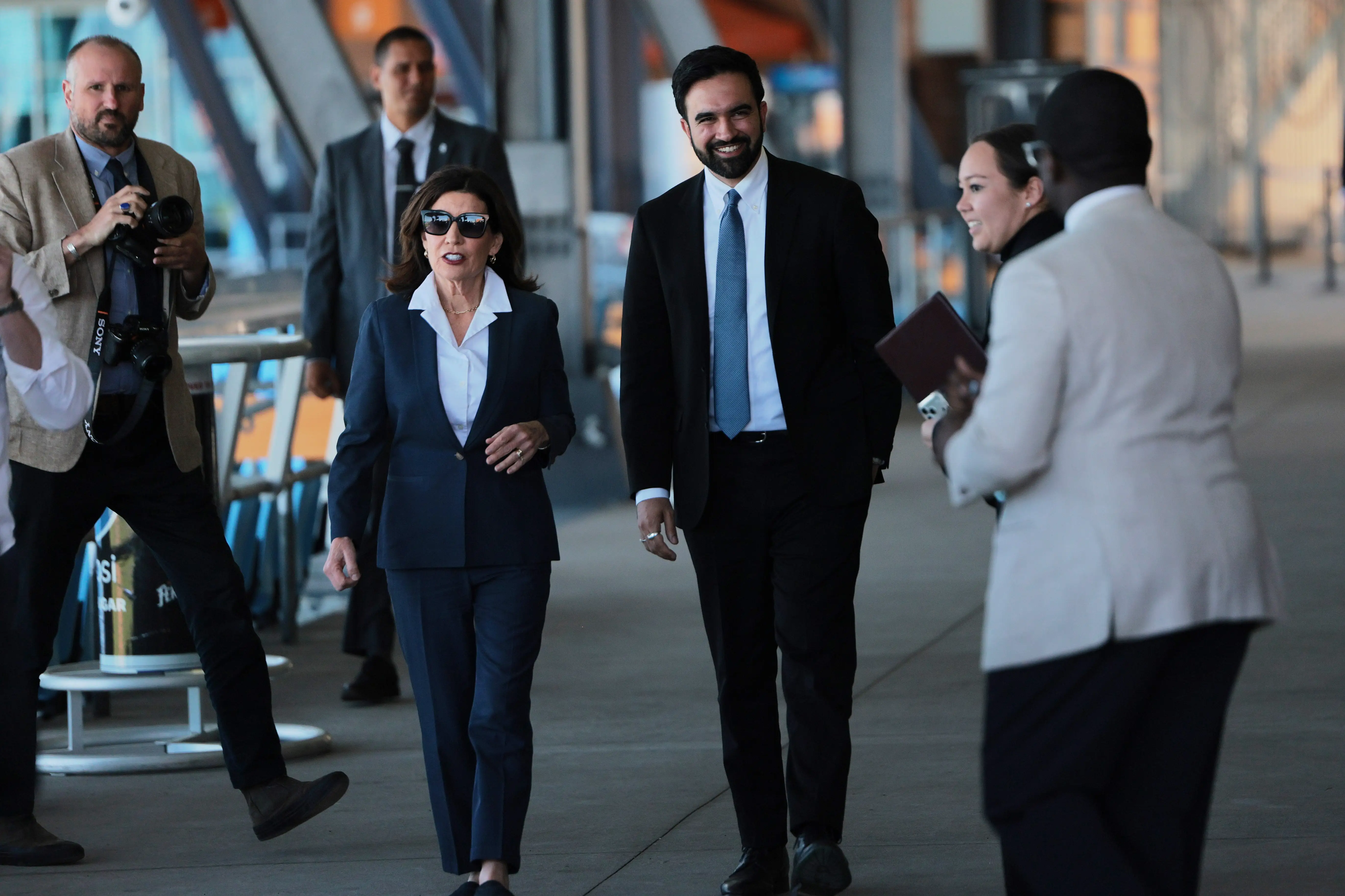 Gov. Kathy Hochul and New York Mayor Zohran Mamdani arrive for a press conference at Staten Island University Hospital Community Park on April 27, 2026 in New York City.