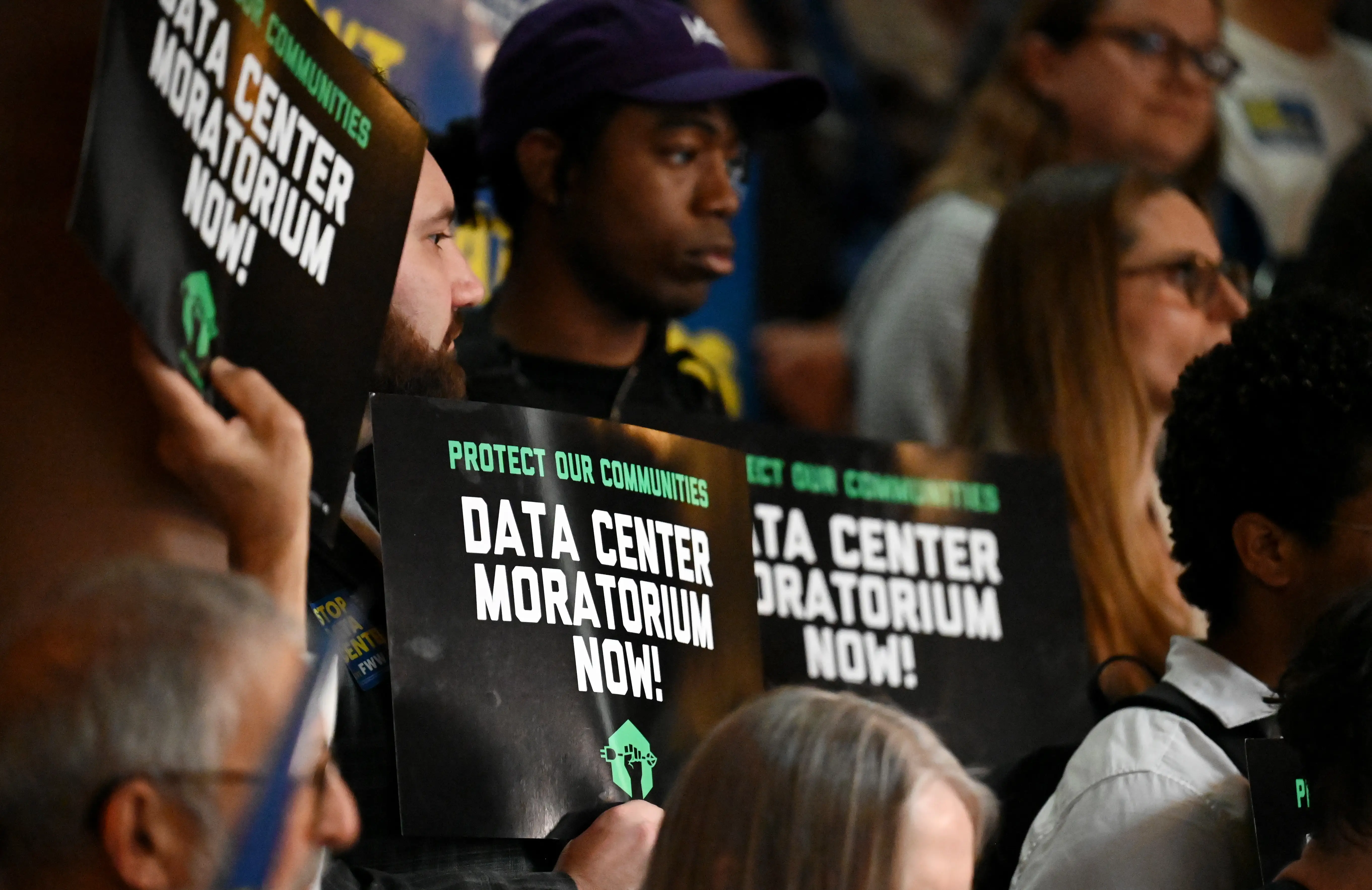 MAY 13: Environmental advocates and progressive lawmakers hold a rally in support of legislation that would put a moratorium on new data centers in the state on Wednesday, May 13, 2026, at the Capitol in Albany, N.Y. (Will Waldron/Albany Times Union via Getty Images)