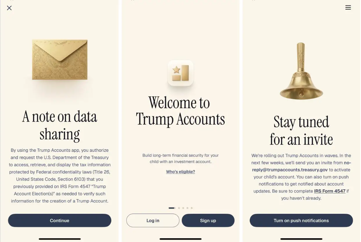 Trump Accounts app sign-up pages