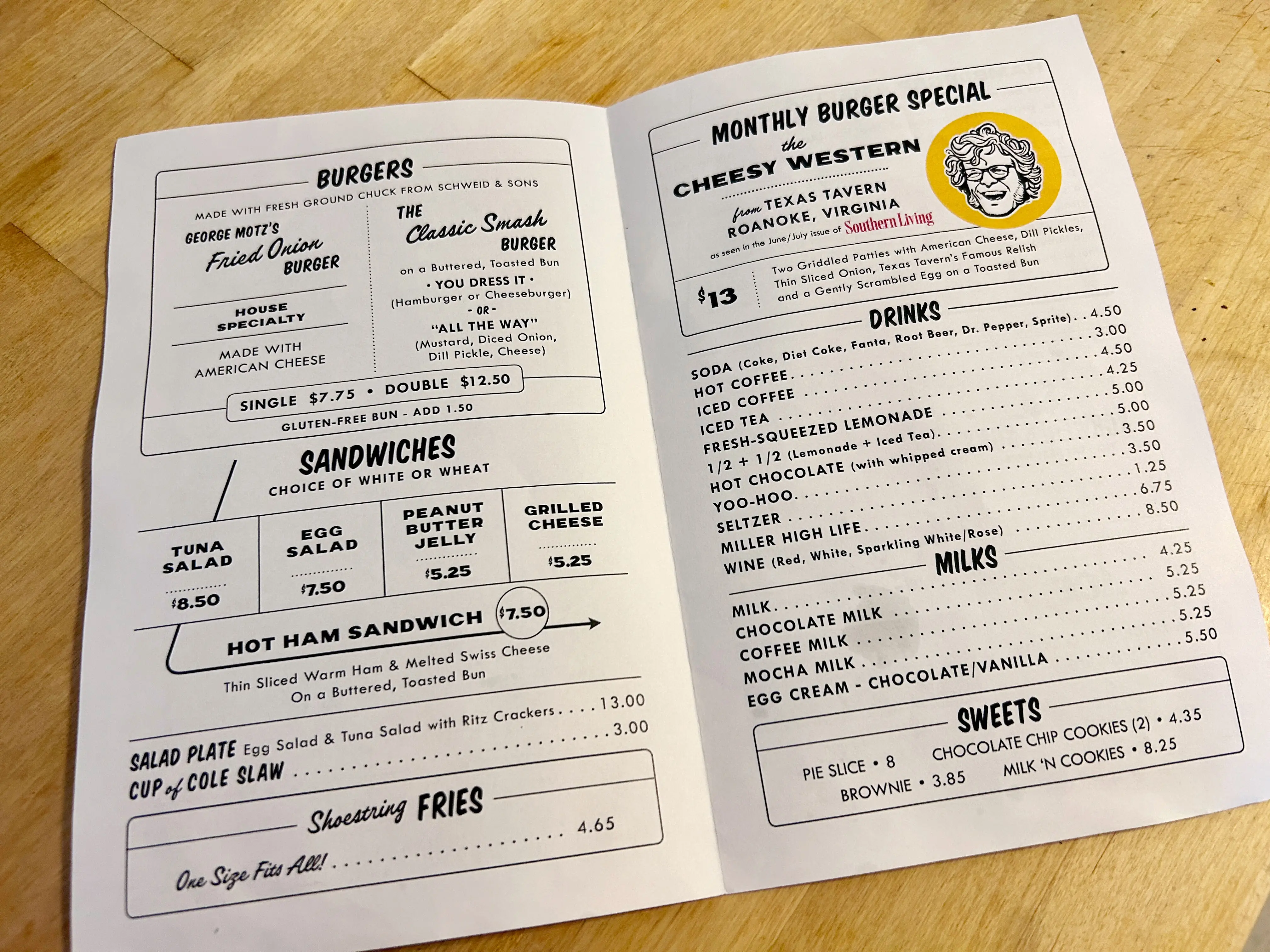 Hamburger America's sparse menu with a few burger and sandwich options along with drinks and milkshakes.