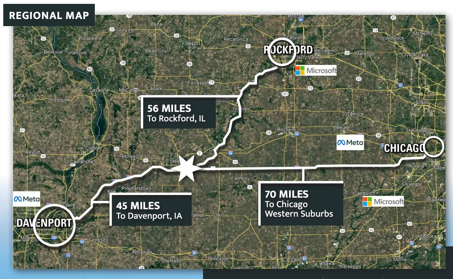 A screenshot of a map showing data center development sites.