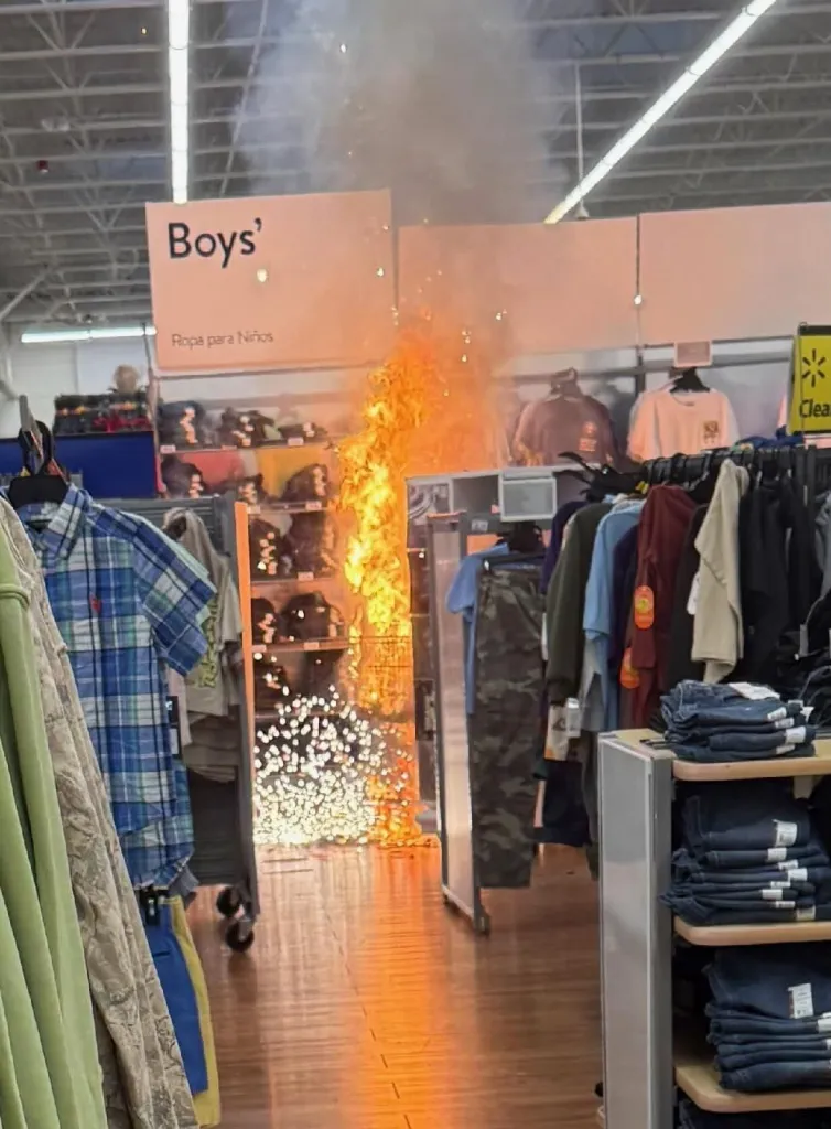 Fireworks explode as a fire erupts in the kids' clothing section of a Walmart during a jewelry heist in Elkton, Maryland, on April 29, 2026.