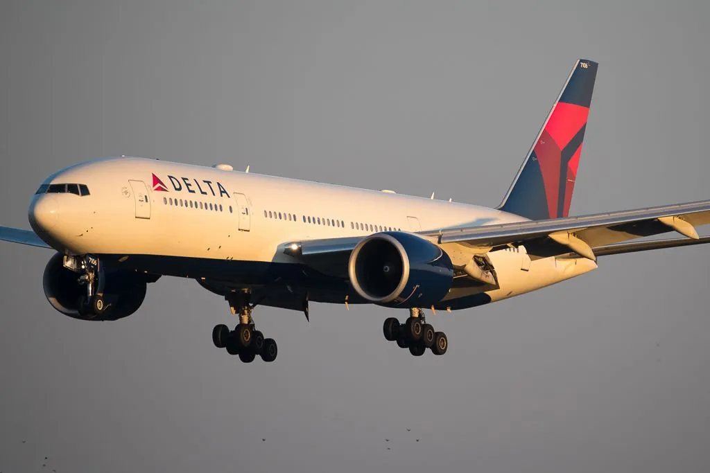 A Delta Air Lines Boeing 777 lands at Seattle-Tacoma International Airport.