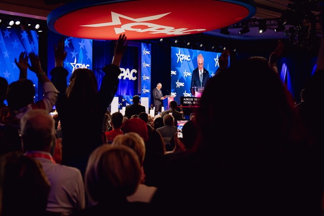 Picture of Reza Pahlavi addressing the Conservative Political Action Conference in Grapevine, Texas, March 25, 2026. 