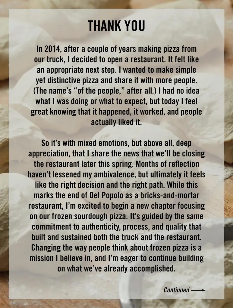 A statement from Del Popolo announcing the restaurant's closure to focus on frozen sourdough pizza.