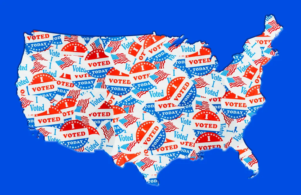 USA map outline created from many election voting stickers or badges.