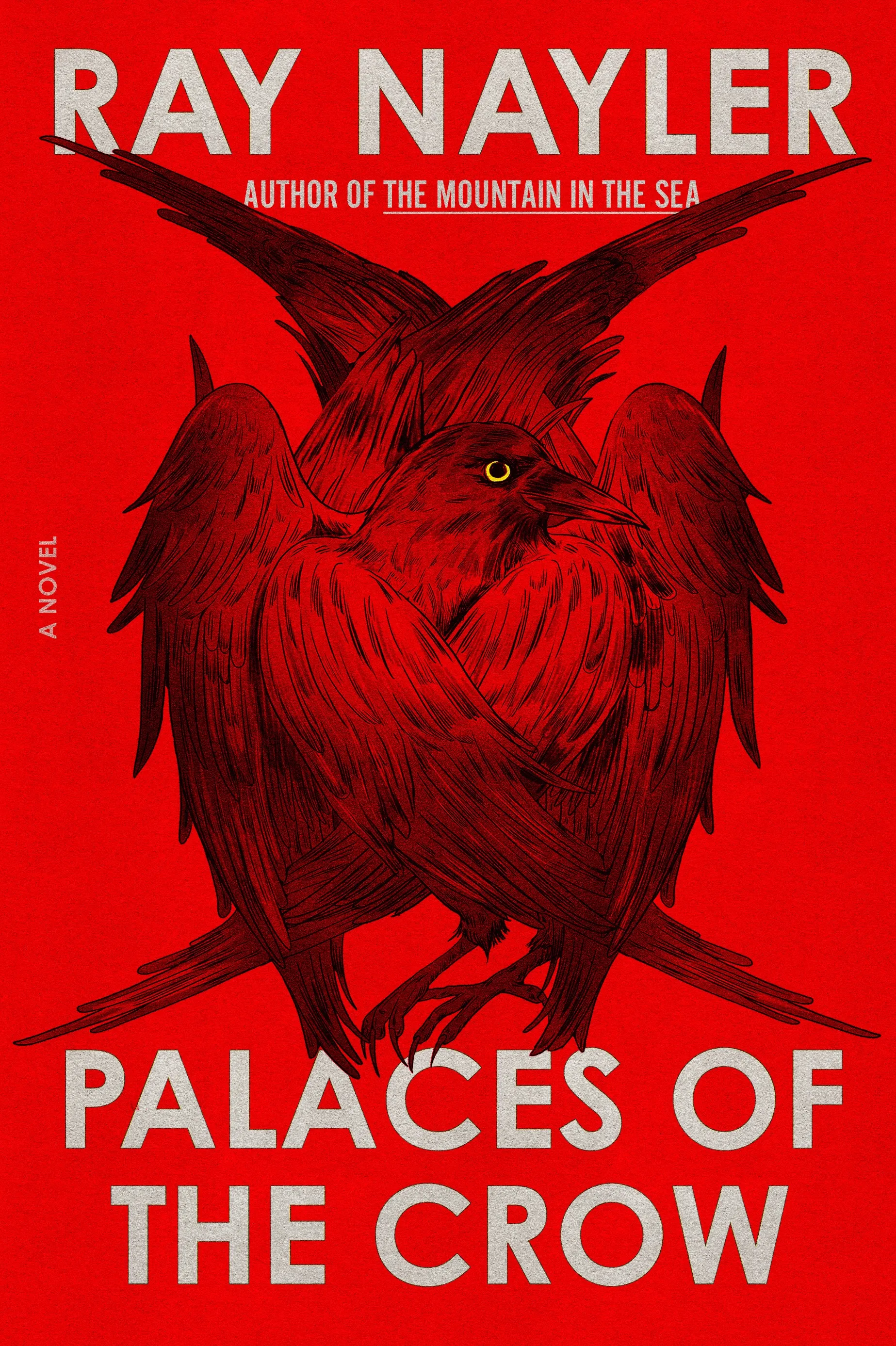 The cover of the novel Palaces of the Crow by Ray Nayler is seen. It has a red background with gray letters and a black ink image of crows.