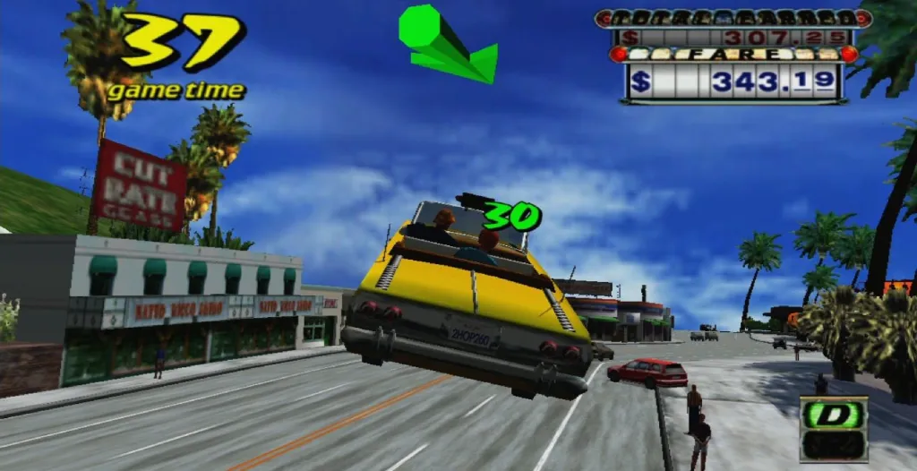 A screenshot of Crazy Taxi gameplay from the Steam release of the game