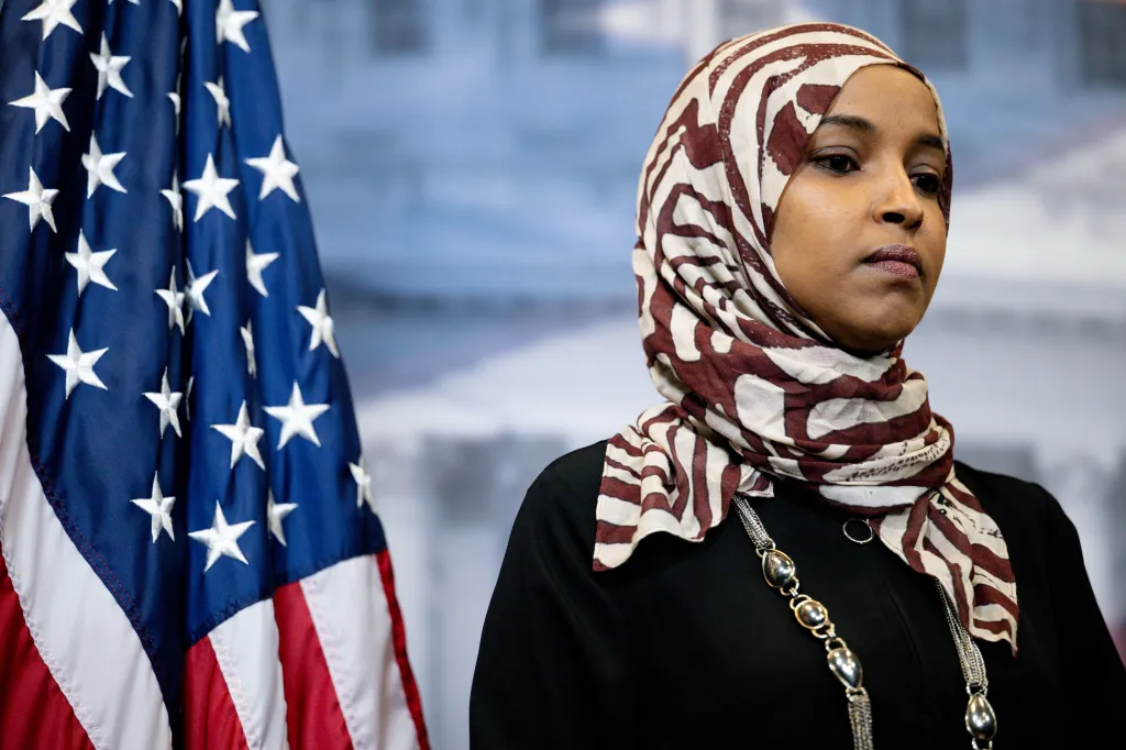 Rep. Ilhan Omar during a news conference ahead of the State of the Union address at the US Capitol in Washington, DC, US, on Tuesday, Feb. 24, 2026.