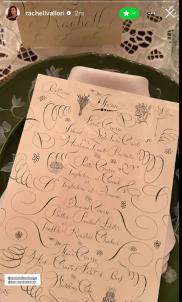 Wedding menu for Donald Trump Jr. and Bettina Anderson, featuring first, pasta, second, and main courses, along with wedding cake.