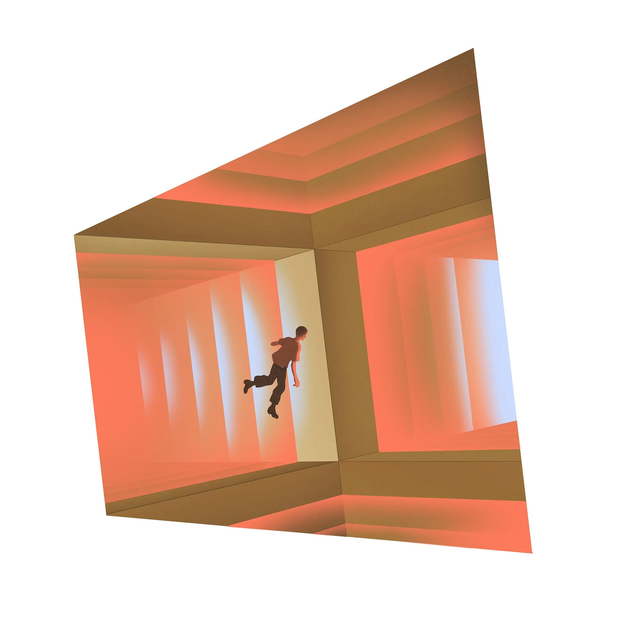 a small person is floating along an abstract, bright coral, confined path a small person is floating along an abstract, bright coral, confined path