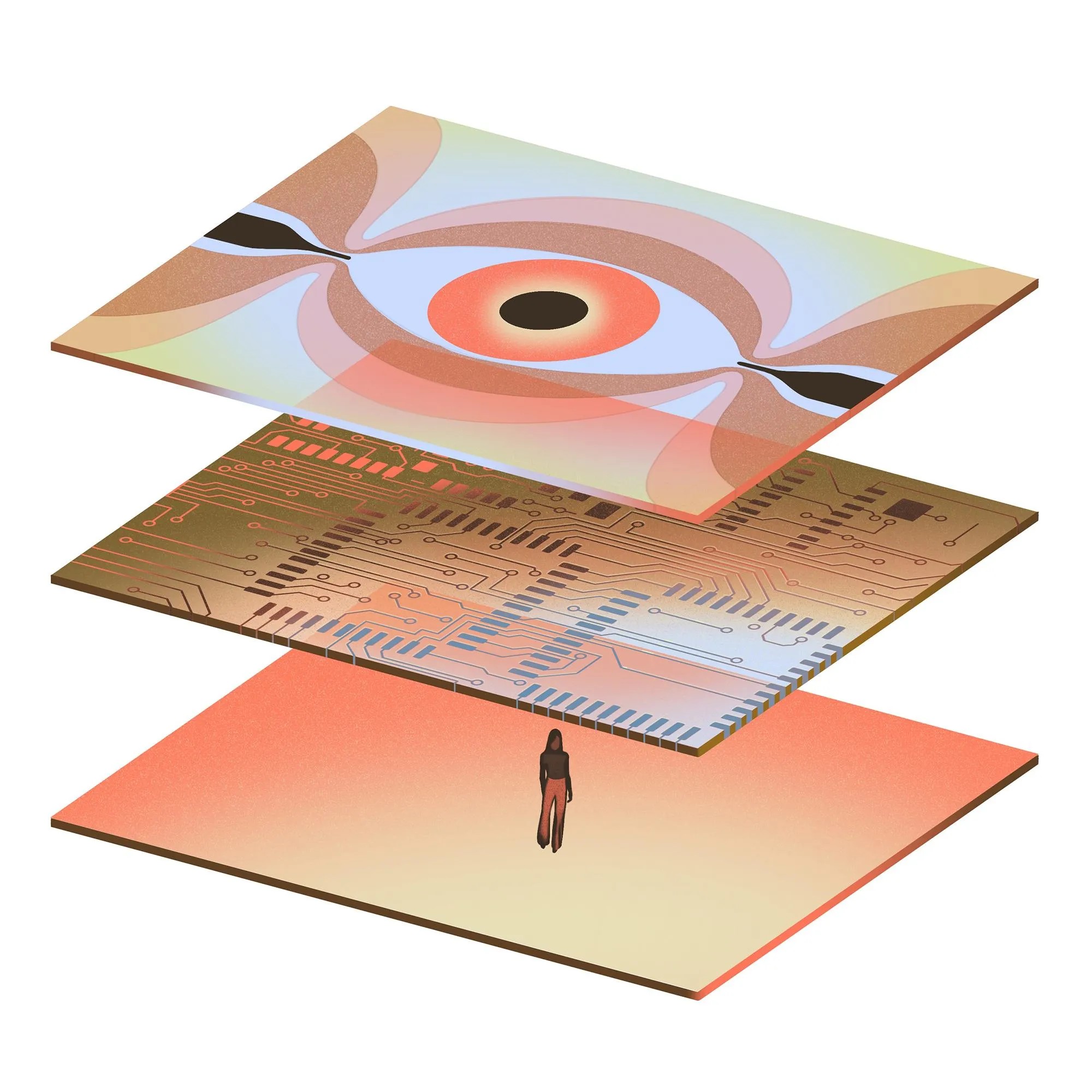 a small human stands between layers of abstract digital planes a small human stands between layers of abstract digital planes