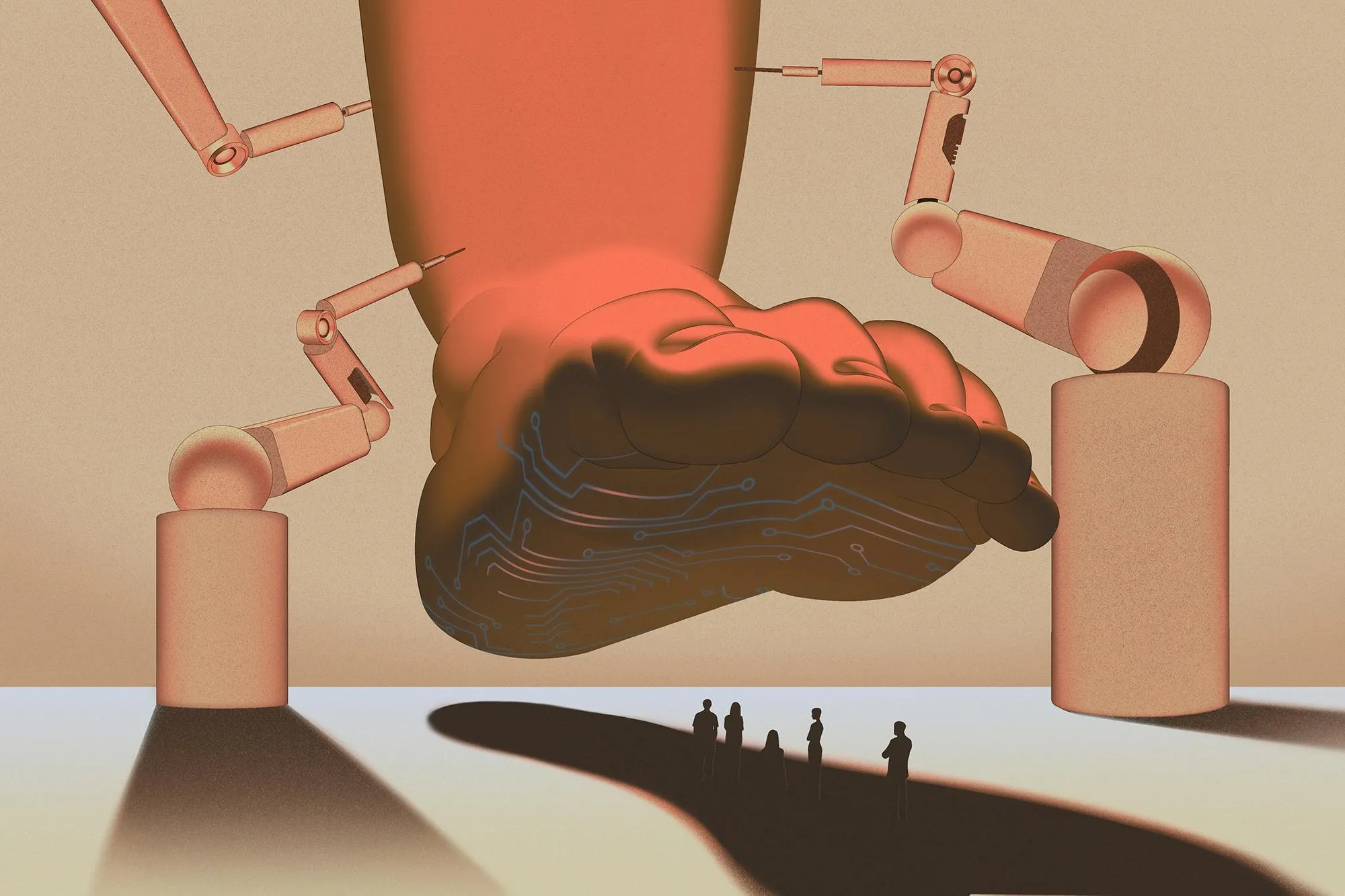 a giant robotic foot being built by other AI-powered devices casts a dark shadow over five tiny humans a giant robotic foot being built by other AI-powered devices casts a dark shadow over five tiny humans