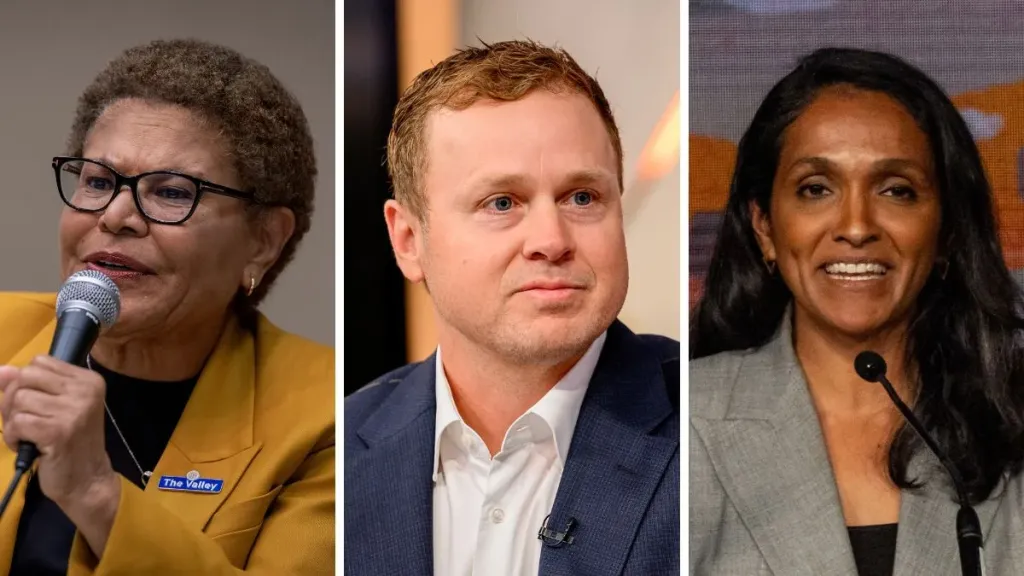 Mayor Karen Bass, Spencer Pratt and Councilmember Nithya Raman (Credit: Getty Images)